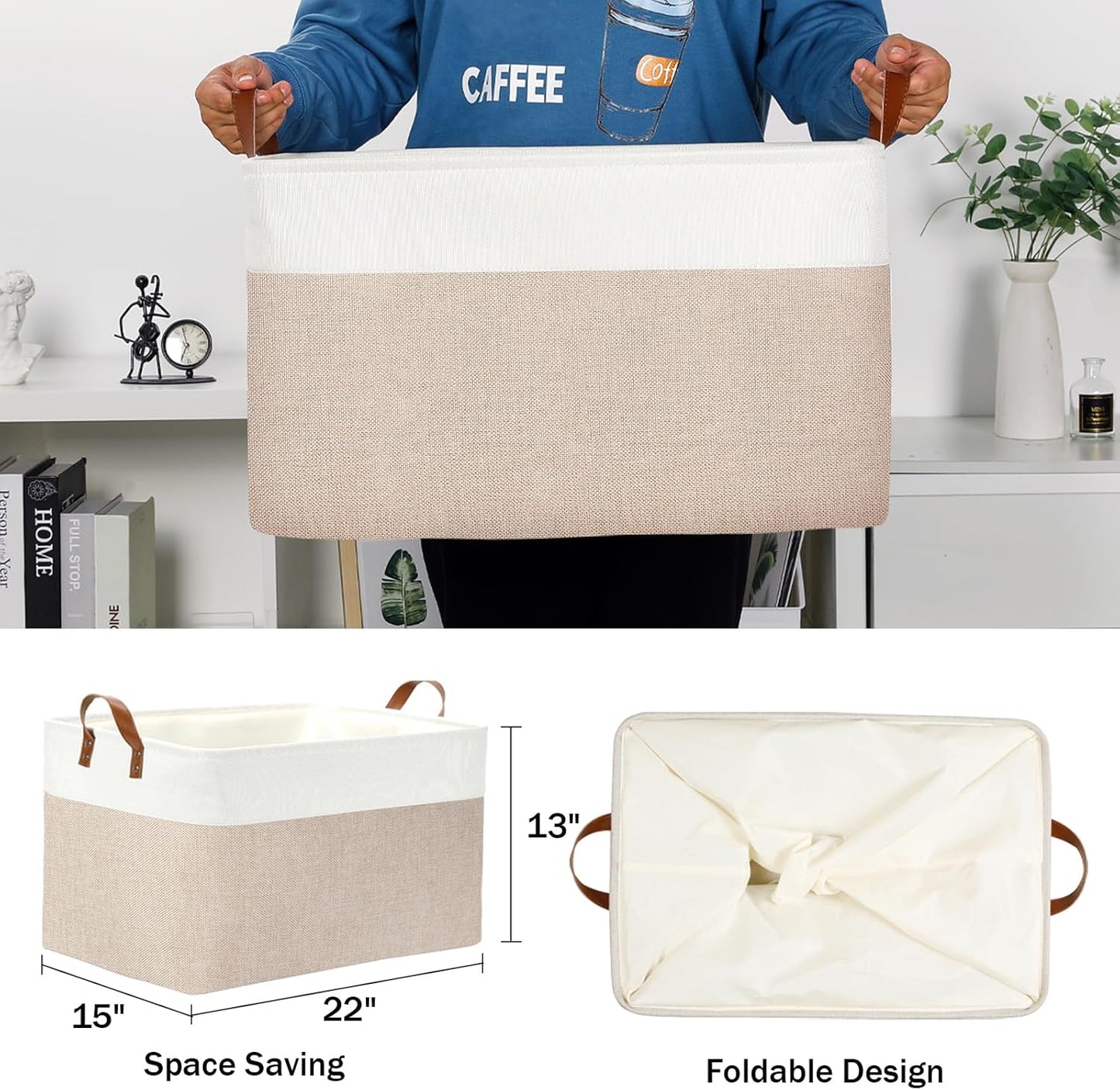 DULLEMELO Extra Large Baskets for Organizing, 22" X 15" X 13" Rectangle Fabric Storage Bins, Foldable Blanket Basket Living Room, Large Kids Toy Storage Organizer Bins, Baby Basket Gift (White&Khaki)