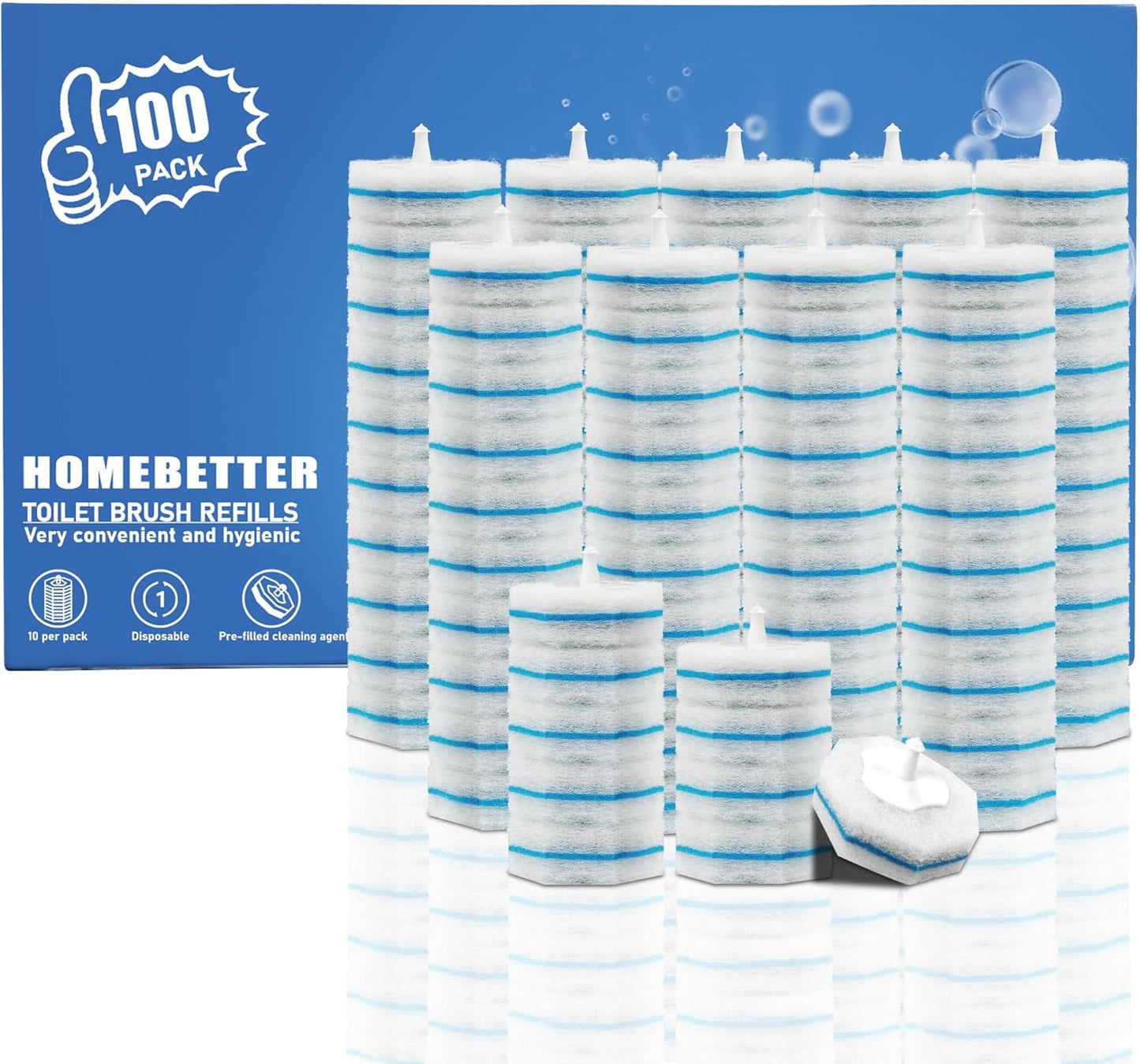 100 Count Disposable Toilet Bowl Wand Refills Prefilled with 2X Cleaning Solution, Compatible with Most Toilet Brush Handles, Not Fall Apart, Fresh Scent,