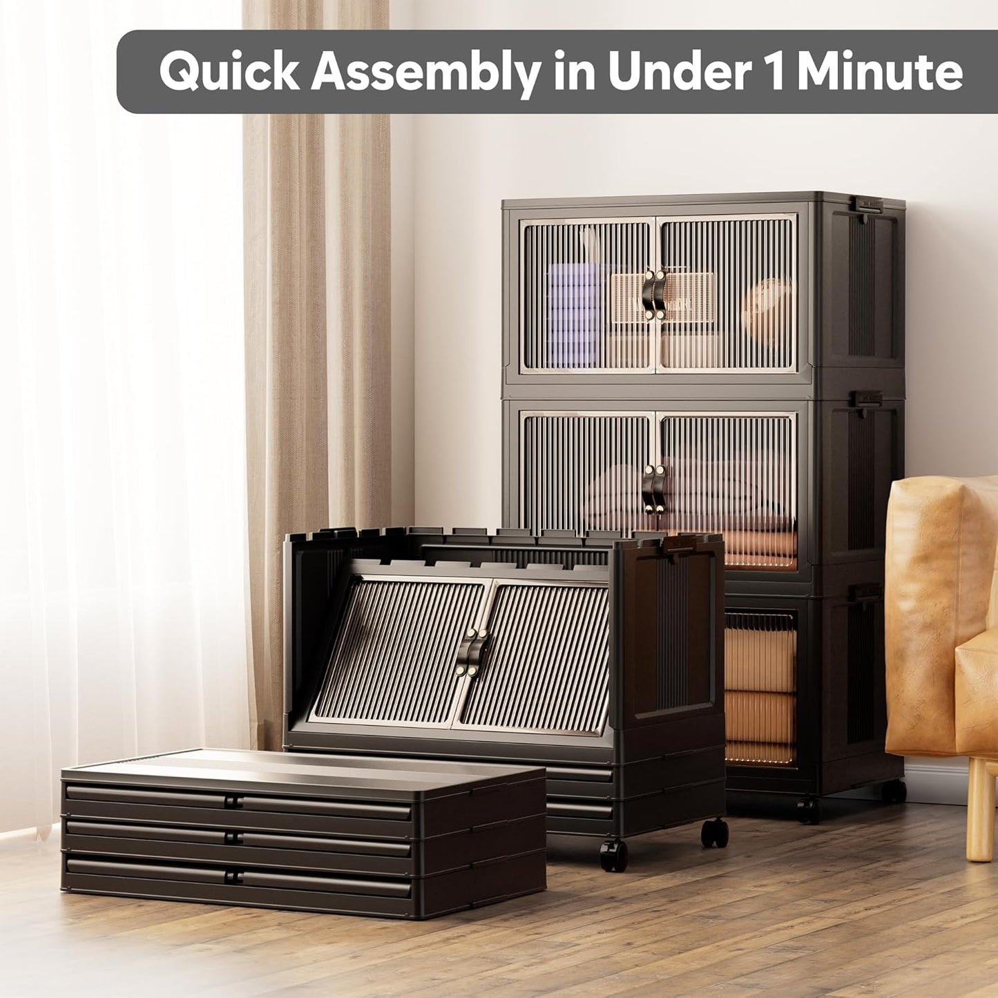 Jalove 88QT Plastic Storage Bins with lids, Stackable Collapsible Storage Containers with Wheels, Closet Organizer and Storage Drawers, Clothes Storage Cabinet for Home Office Garage, 3 Pack Black