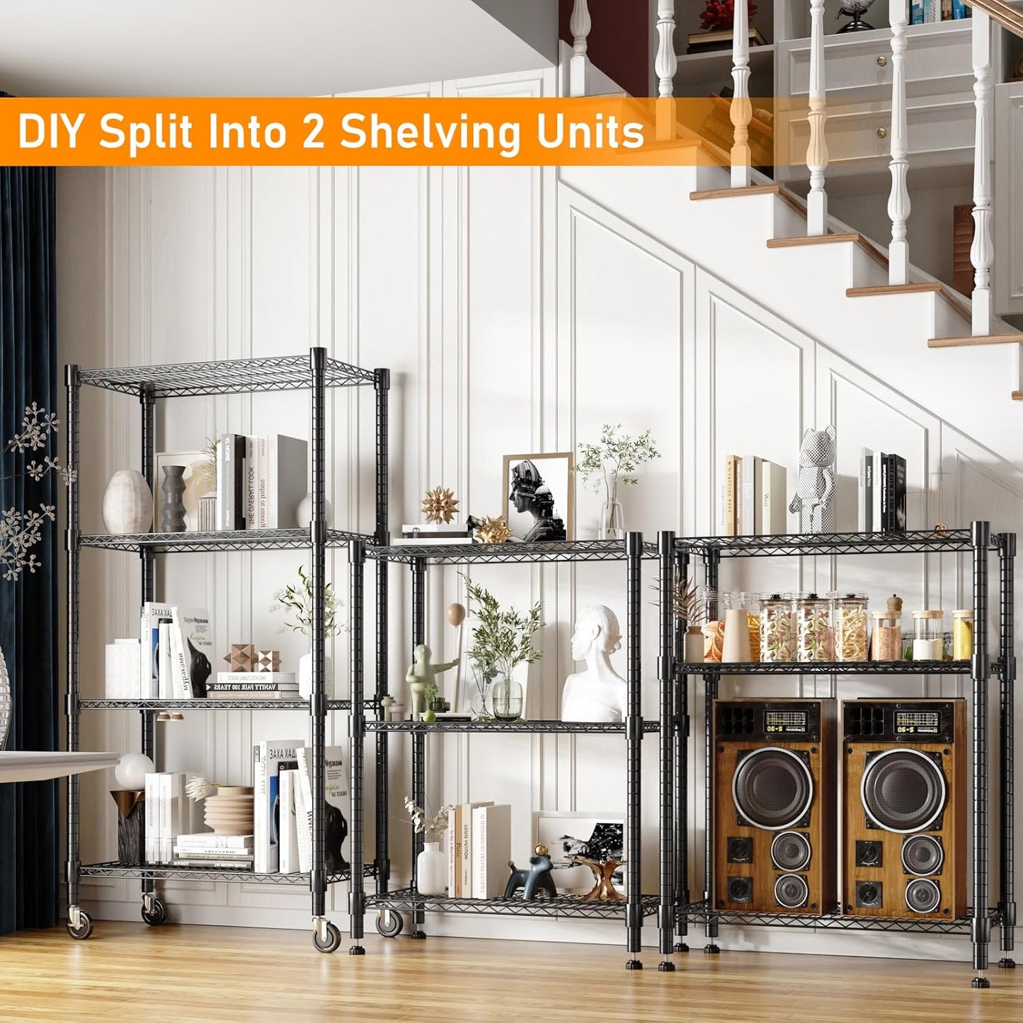 Himimi 72" H Wire Shelving Unit Storage, Metal Storage Shelves with Wheels, Heavy Duty Shelves with 4-Tier Adjustable Layer Rack Strong Steel for Kitchen Pantry Basement, 14" D×30" W×72" H, Black