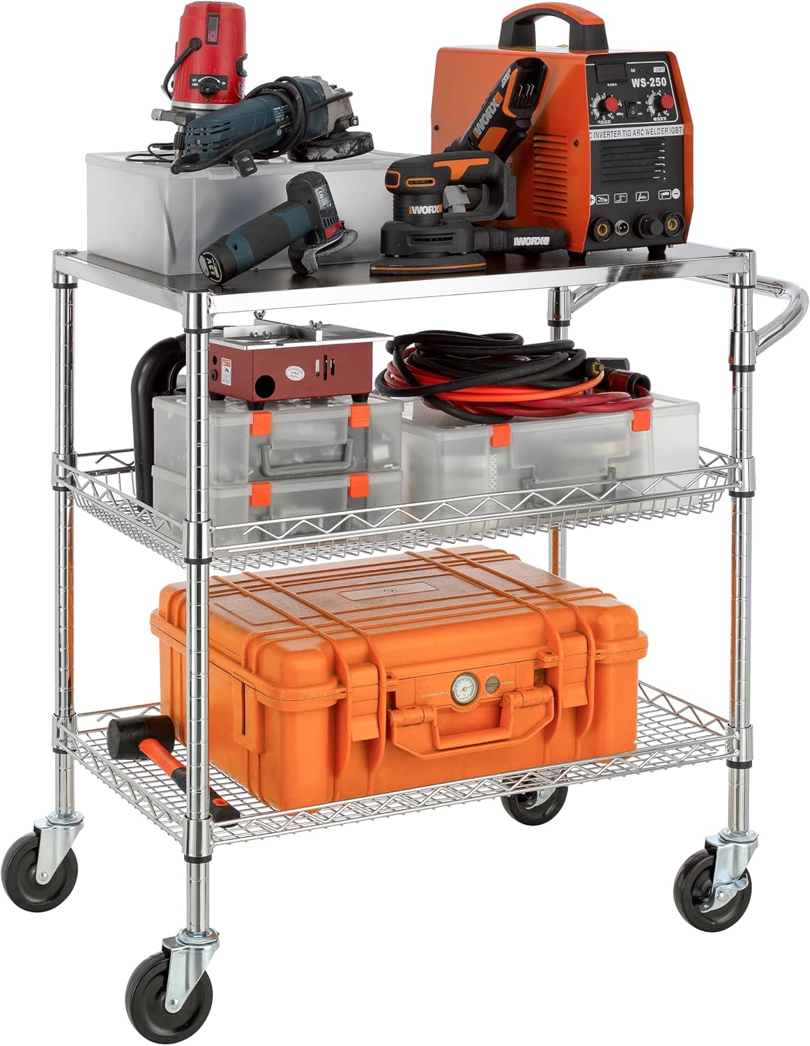 Finnhomy 3 Tier Heavy Duty Commercial Grade Utility Cart with Wood Top, Wire Rolling Cart with Wheels and Handle Bar, Kitchen Carts on Wheels, Metal Cart with 600 LBS Capacity, Chrome