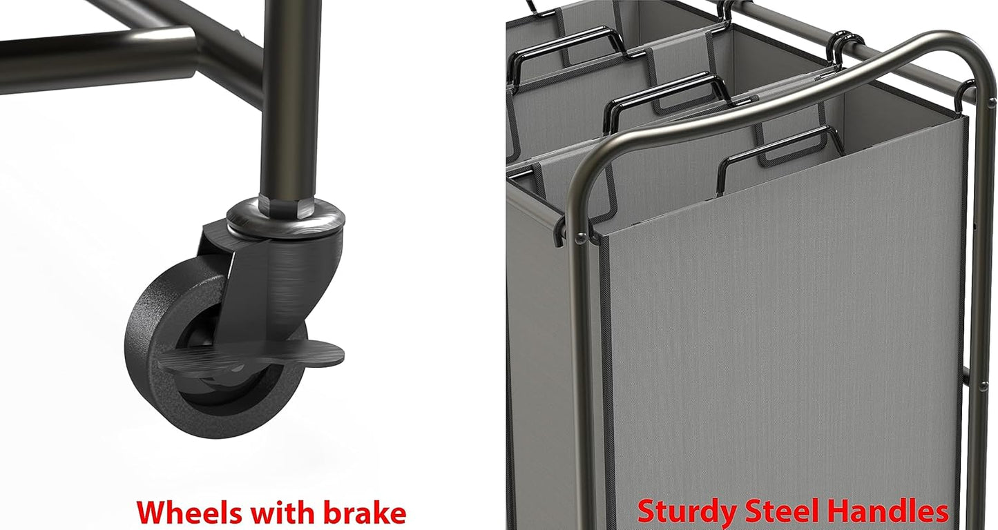 Simple Houseware Heavy Duty 3-Bag Laundry Sorter Rolling Cart, Dark Grey – Durable Triple Laundry Hamper with Removable Bags and Lockable Wheels for Efficient Laundry Organization