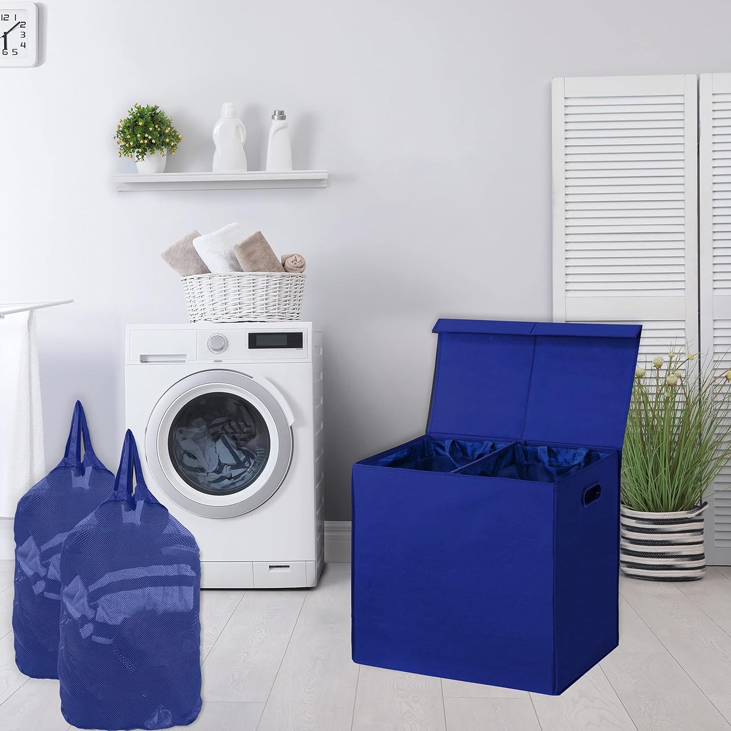Simple Houseware Double Laundry Hamper with Lid and Removable Bags, Dark Blue