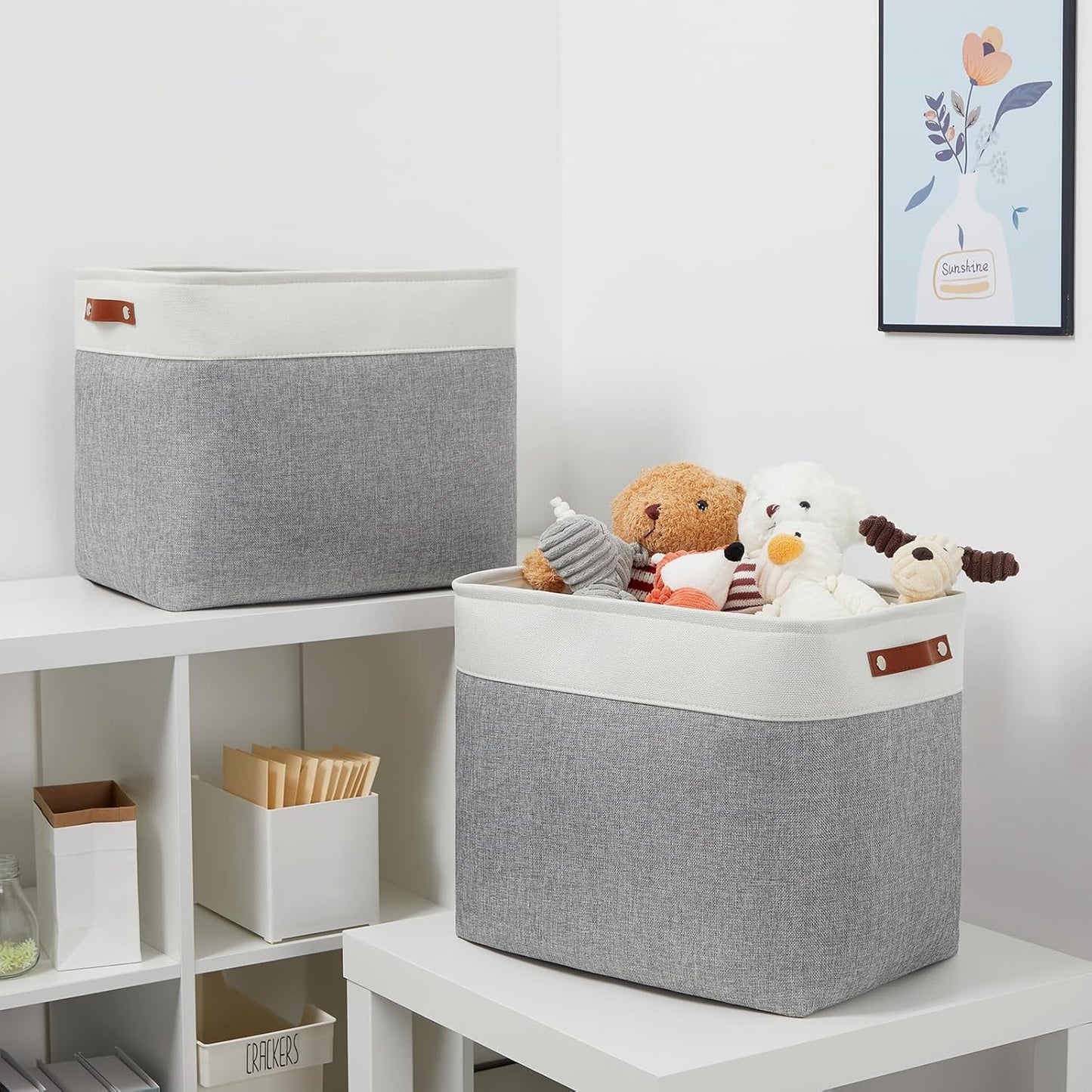 DULLEMELO Extra Large Storage Baskets, Fabric Storage Bins for Organizing Shelves Nursery Toys Books, Closet Baskets and Bins with Handles, White&Grey, 2-Pack