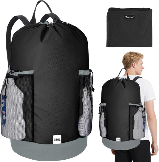 BALEINE 150L Laundry Bag Backpack, 900D Oxford Fabric Large Travel Laundry Bags with Shoulder Straps and 2 Mesh Pockets for College Dorm, Apartment, Laundromat (Black, 150L)