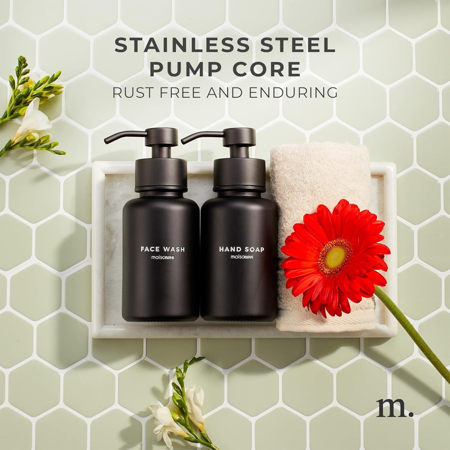 MaisoNovo Glass Foaming Soap Dispenser 14 Oz | Black Glass Black Pumps x 2