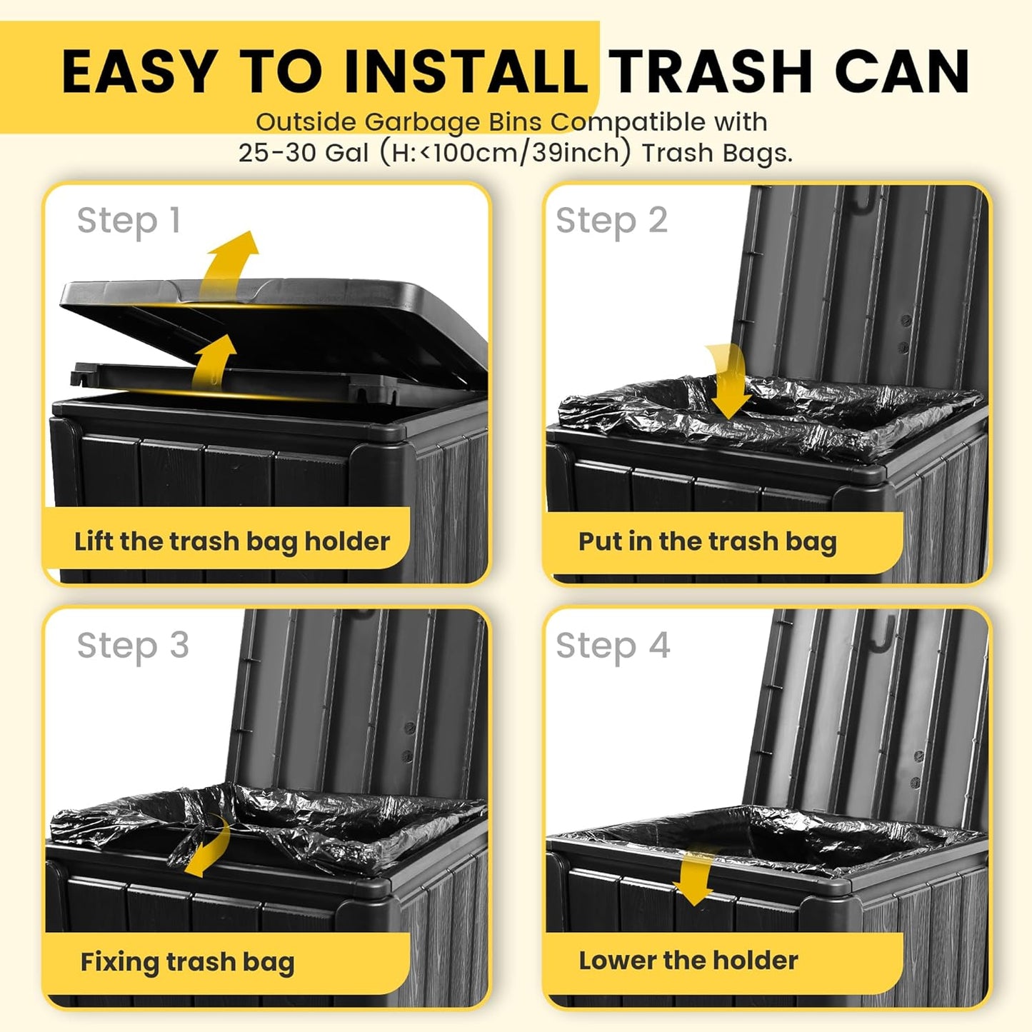 Outdoor Trash Can with Lid, Waterproof Resin Garbage Can with Tiered Lid, Outside Trash Bin for Patio, Kitchen, Backyard or Deck