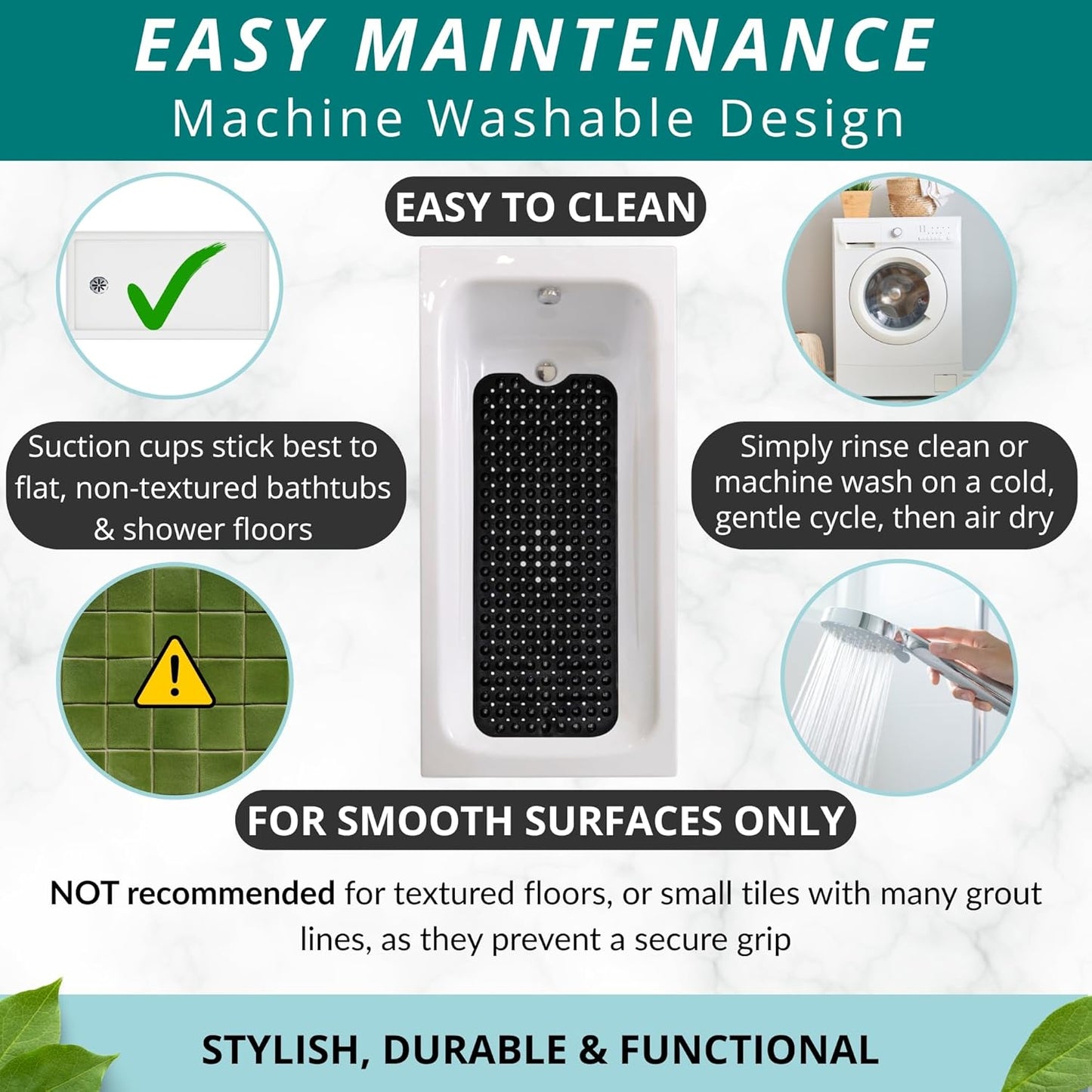 ENKOSI Bath Mat – 40 x 16 Inch Extra Long Non Slip Bathtub Mat – Anti Slip Black Shower Mat with Suction Cups – Bathroom Mat for Tub and Smooth Shower Floors (Black 40x16)