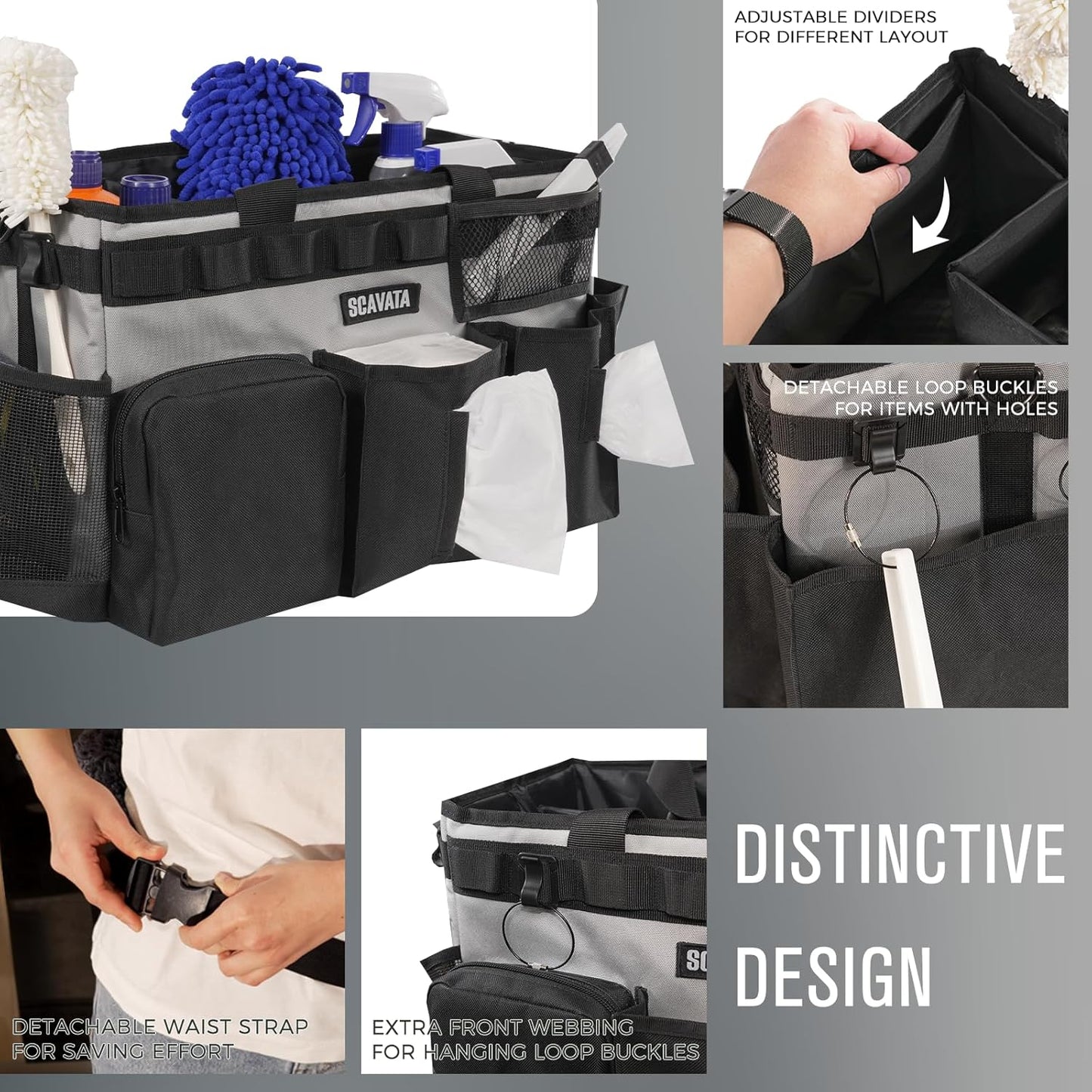 Wearable Cleaning Caddy Bag, Cleaning Caddy Supplies Organizer with Handle & Shoulder Straps for Housekeepers, Under Sink & Car Cleaning Tool Organizers with 4 Foldable Divider (Grey)