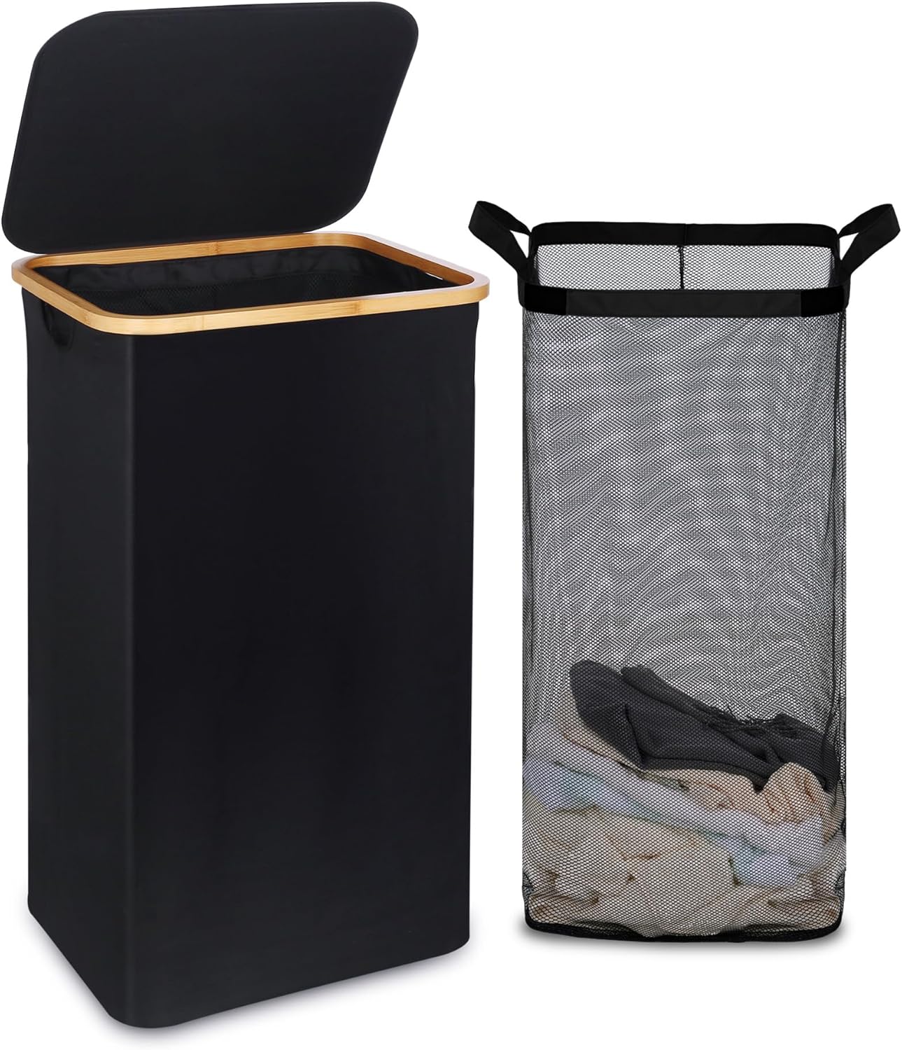 100L Laundry Basket with Lid and Net Bag, Tall Laundry Hamper with Bamboo Handles, Aesthetic Dirty Clothes Bin for Laundry Room, Bathroom, Bedroom and Dorm, Black
