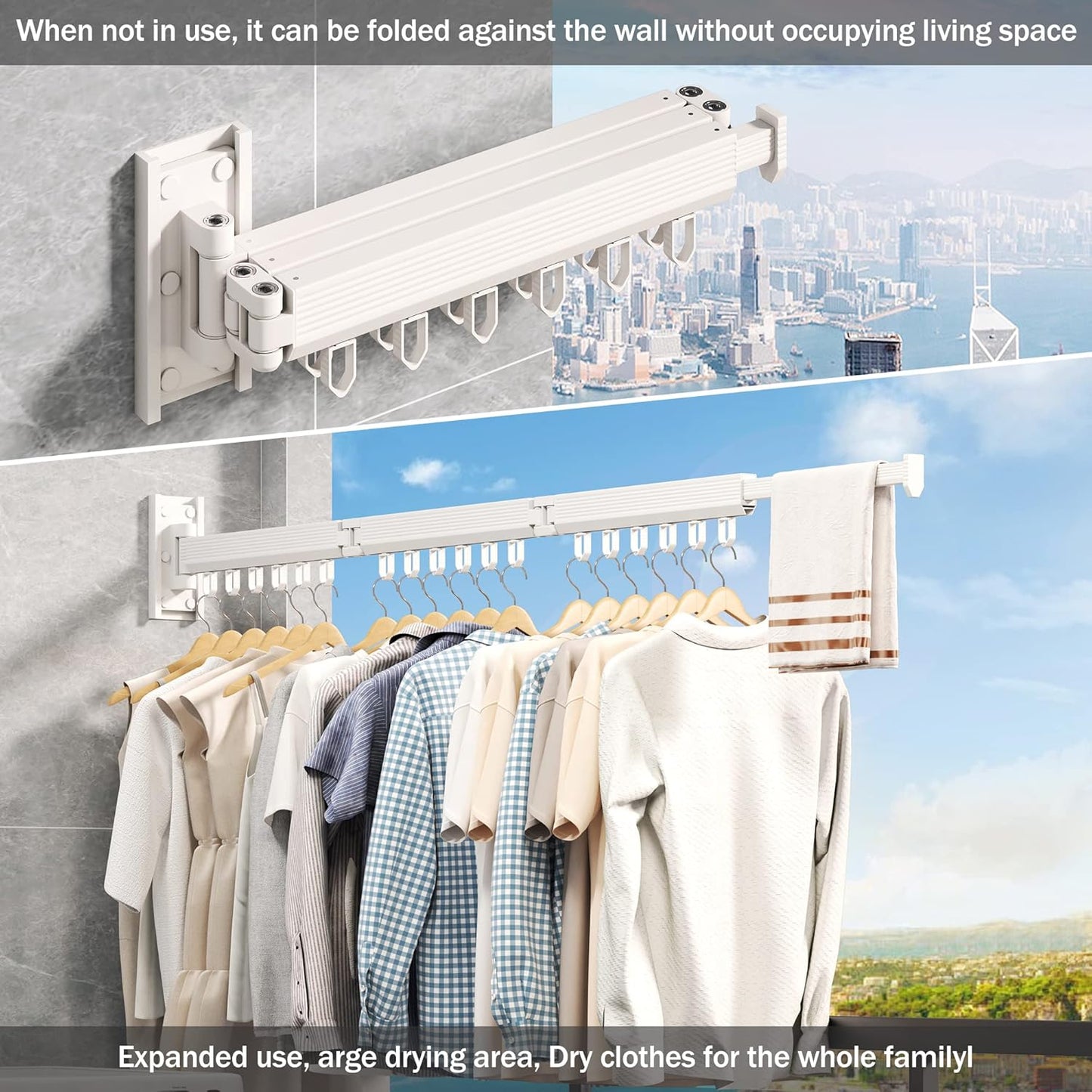 Wall Mounted Clothes Drying Rack, Retractable Laundry Rack for Hanging Clothes, Collapsible, Foldable, White-Rings