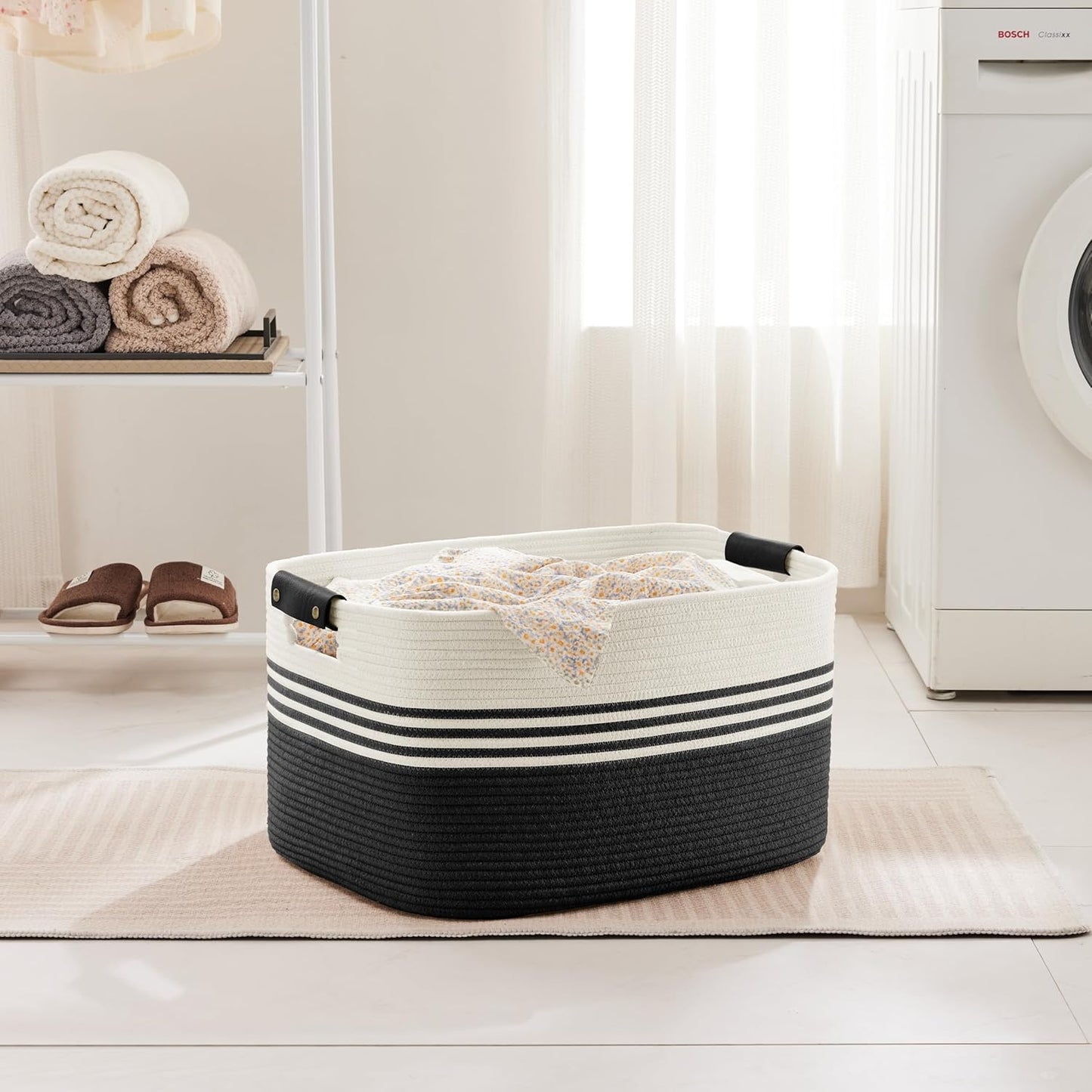 60L Large Laundry Basket with Leather Handles for Living Room Storage, Woven Rope Baskets Bin for Blanket, Kids Toy, Gifts, Wicker Hamper for Bedroom Dirty Clothes, 21"x15"x11" White Black