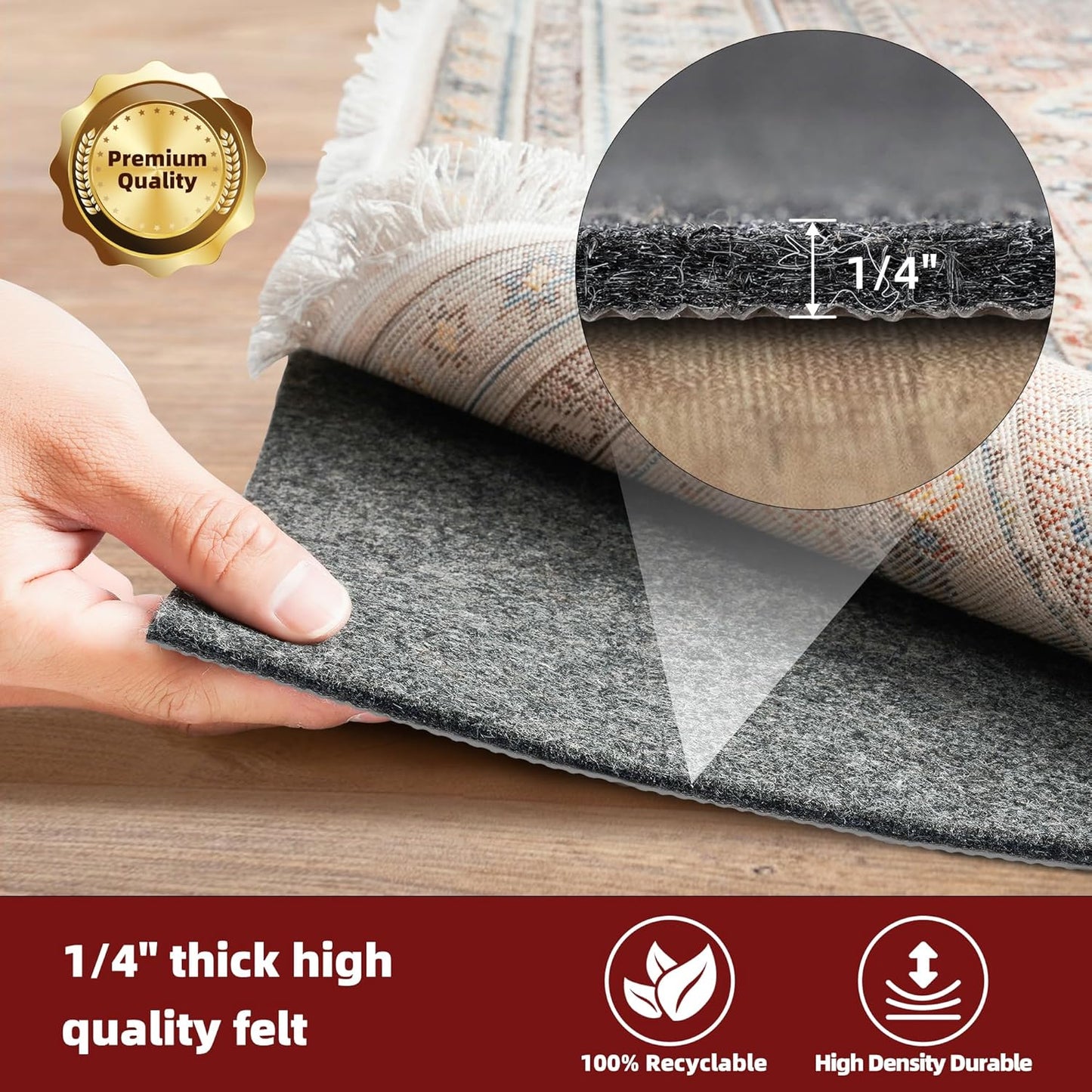 BAGAIL Felt and Natural Rubber Backing Rug Pads 1/4” Thick, 5 x 7 Ft Non Slip Carpet Gripper Keep Rugs in Place, Under Area Rug Protective Cushioned Pads, Carpet Runners, Hardwood Floors Protection