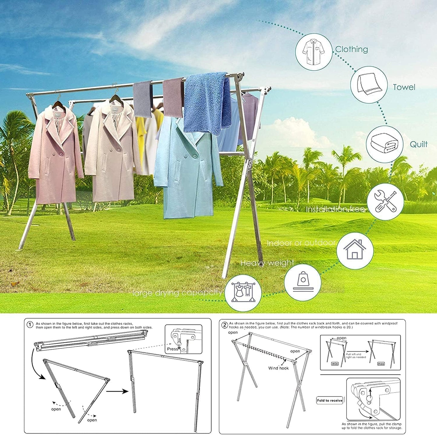 Clothes Drying Racks 81.5-83 Inches Folding Outdoor Indoor Drying Rack Clothing Collapsible Foldable Laundry Drying Rack Heavy Duty Stainless Steel Clothesline 20 Hooks 12 Clips (81.5'')