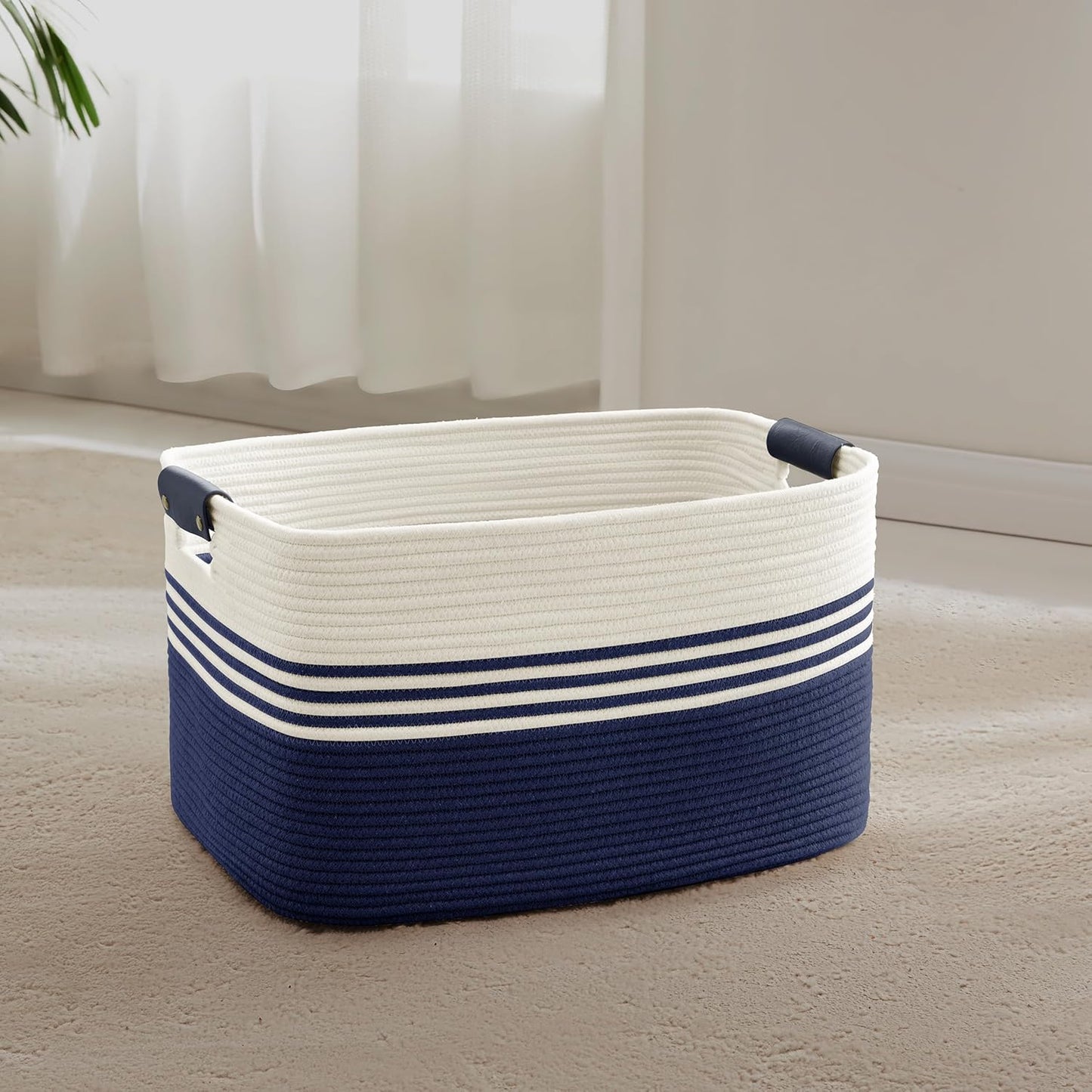 45L Small Laundry Basket with Leather Handles for Living Room Storage, Woven Rope Baskets Bin for Blanket, Kids Toy, Gifts, Wicker Hamper for Bedroom Dirty Clothes, 18"x14"x11" White Navy