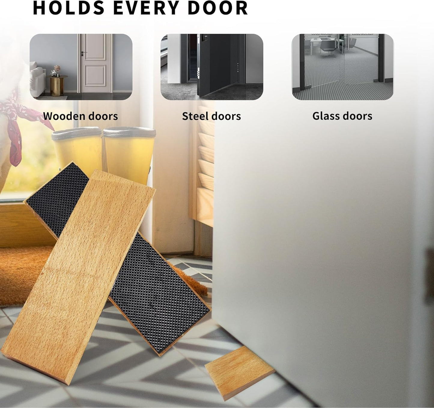 4 Pack Wooden Door Stop - Non-Slip Door Stoppers for Floor - Door Wedges for All Door Types and Surfaces - Each Door Stopper 1.4inch Thick, 4.3inch Long with Rubber