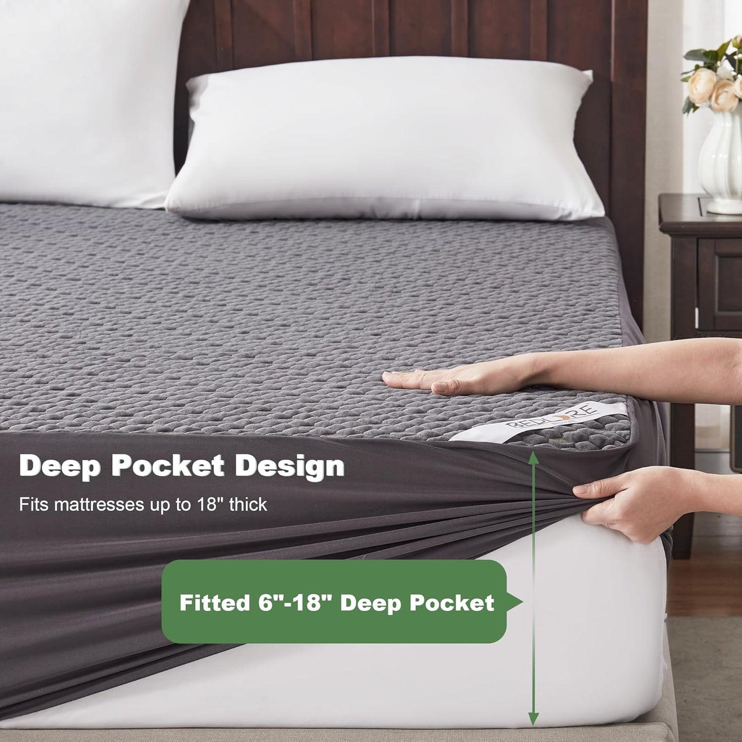 Waterproof Mattress Protector, Queen Size Mattress Pad Fitted 6"-18" Deep Pocket, 3D Air Fabric Breathable Bed Mattress Cover Noiseless Washable for Bedroom, Hotel(Carbon Gray)