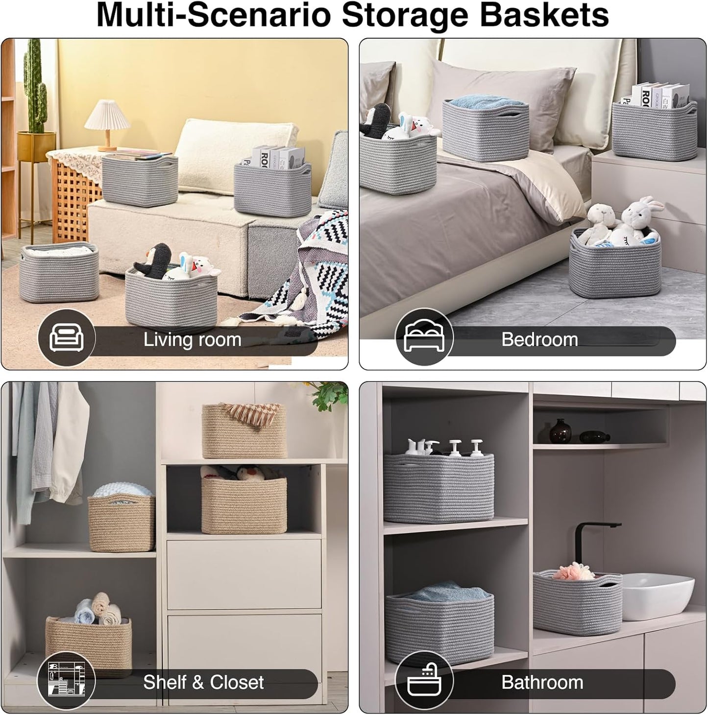 Small Storage Baskets for Shelves Organizing, Woven Cotton Rope Baskets for Storage, Book Basket, Decorative Shelf Basket, 12.5"Lx9.1''Wx7.9''H (4 Packs) Grey