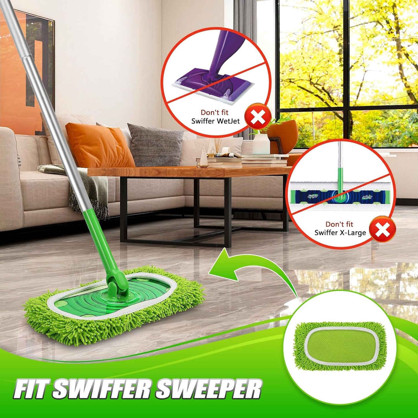 Set of 4 Reusable Microfiber Mop Pads Compatible with Swiffer Sweeper, Dry Sweeping Cloths, Washable Wet Mopping Cloth Refills for Floor Cleaning (Mop is Not Included) (4 Pack, Green)