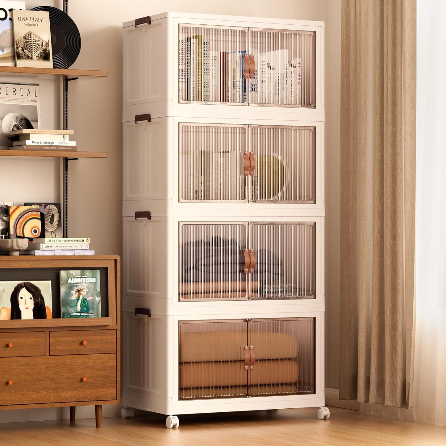 Jalove 88QT Plastic Storage Bins with lids, Stackable Collapsible Storage Containers with Wheels, Closet Organizer and Storage Drawers, Clothes Storage Cabinet for Home Office Garage, 4 Pack White