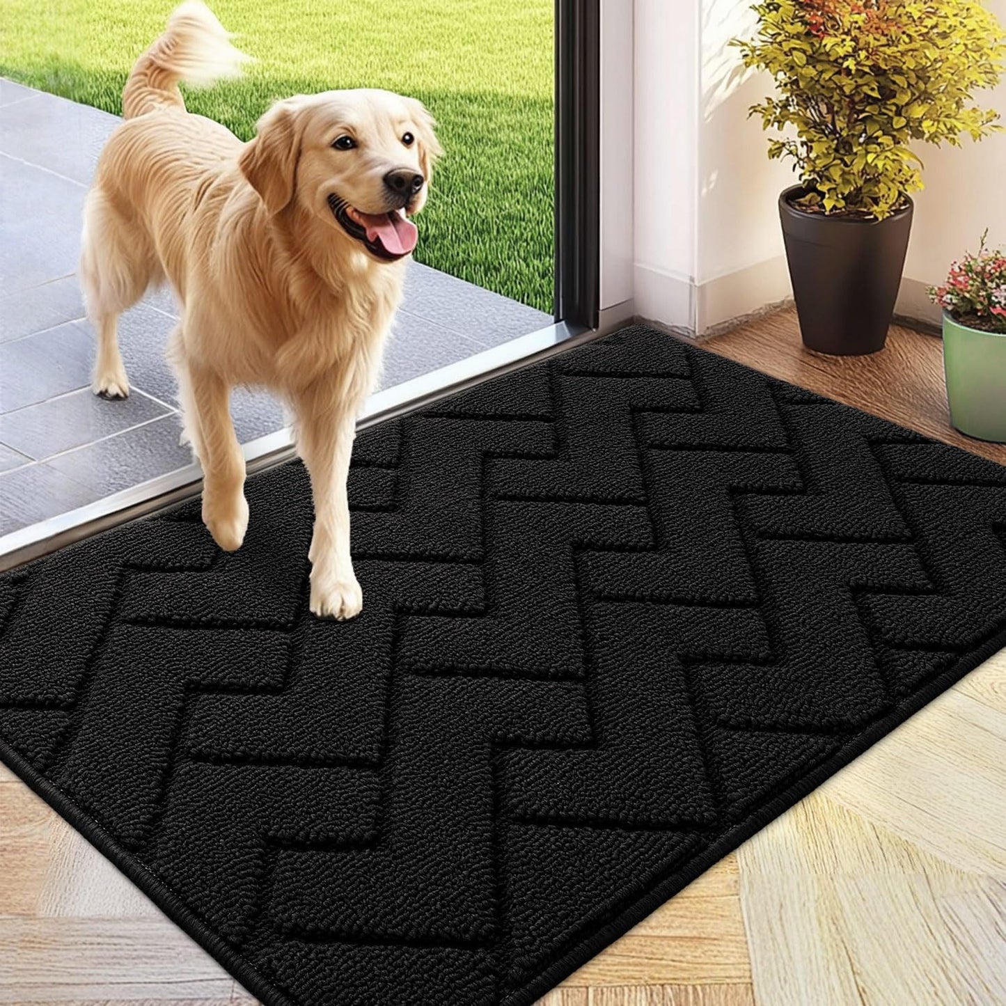 hicorfe Indoor Doormat,Front Back Door Mat Rubber Backing Non Slip Door Mats 24"x35" Absorbent Resist Dirt Entrance Doormat Inside Floor Mats for Entryway Washable Low-Profile(Black)