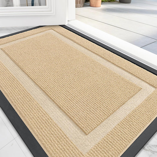 OLANLY Front Door Mat Indoor Outdoor Entrance, Waterproof All-Season, All-Weather Doormat, Sturdy Natural Rubber, Fade Resistant, Low Profile, Easy Clean Patio Porch Entryway Mat, 36x24, Beige