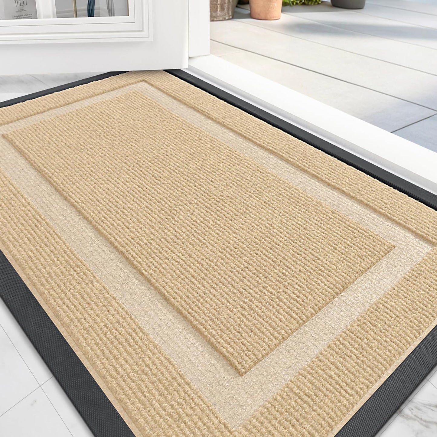 OLANLY Front Door Mat Indoor Outdoor Entrance, Waterproof All-Season, All-Weather Doormat, Sturdy Natural Rubber, Fade Resistant, Low Profile, Easy Clean Patio Porch Entryway Mat, 71x23, Beige