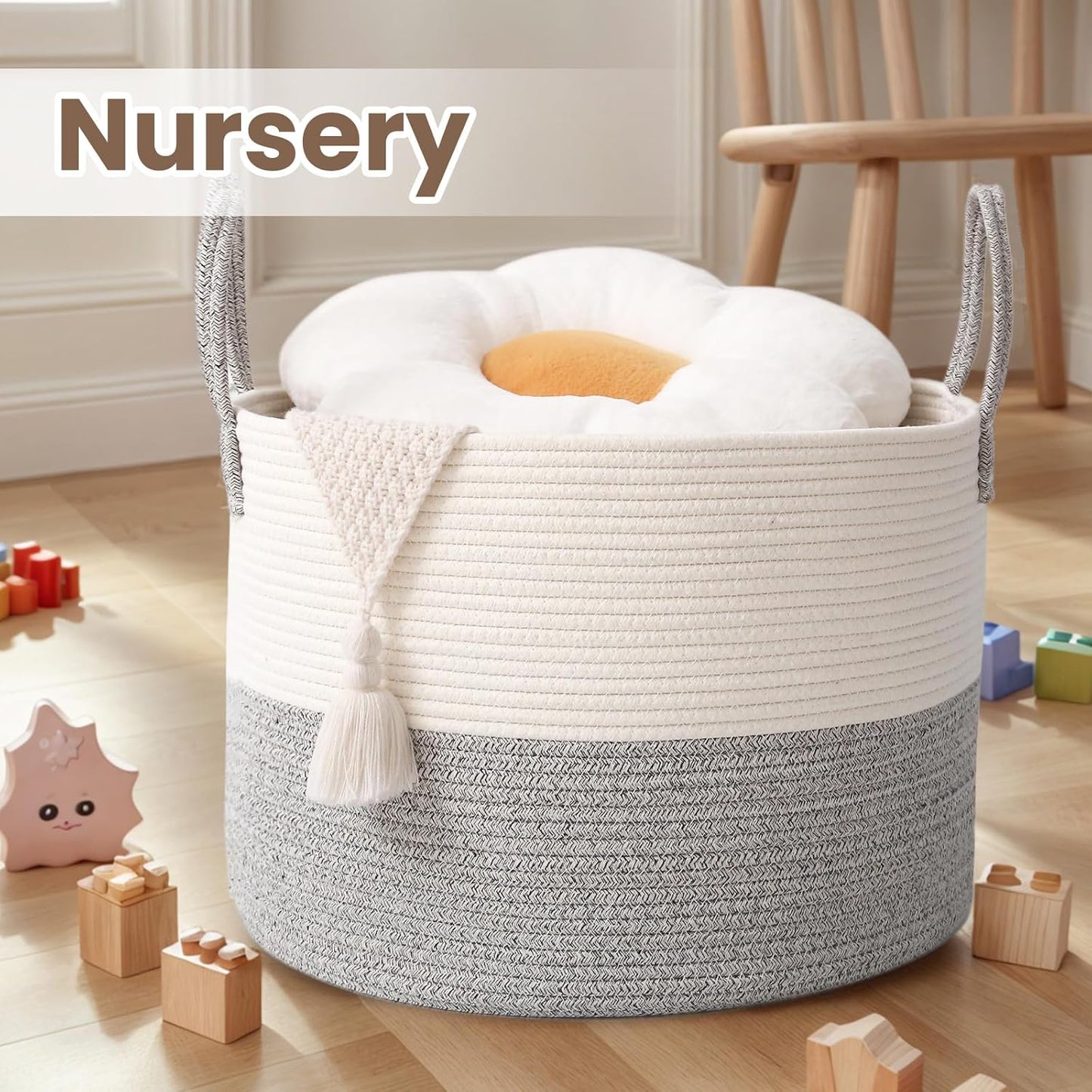 Woven Blanket Basket,115L Large Rope Storage Bin with Handles, Organizer for Blankets Toys Book and Clothes, Laundry Basket for Living Room Bedroom Nursery,White&Grey