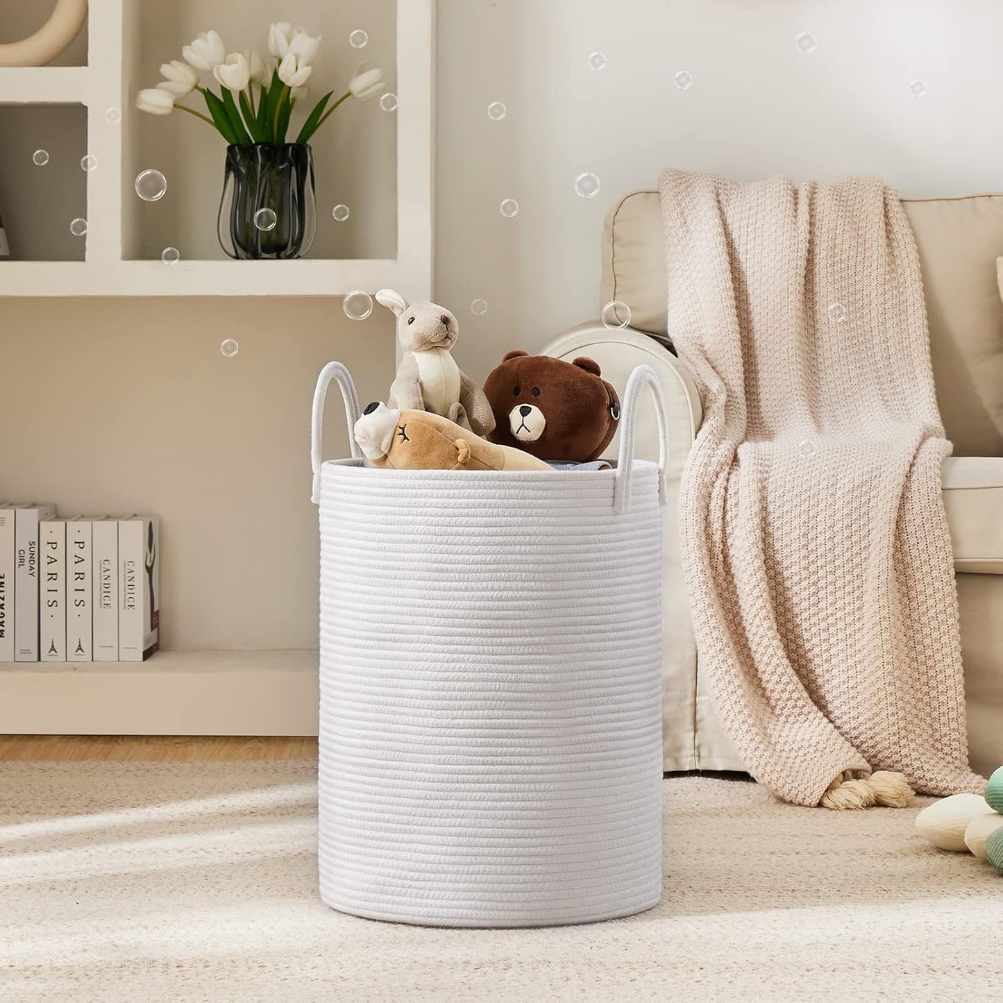 Woven Rope Laundry Hamper Basket by YOUDENOVA, 72L Tall Luandry Basket, Baby Nursery Hamper for Blanket Storage in Bedroom-Large-Pure White