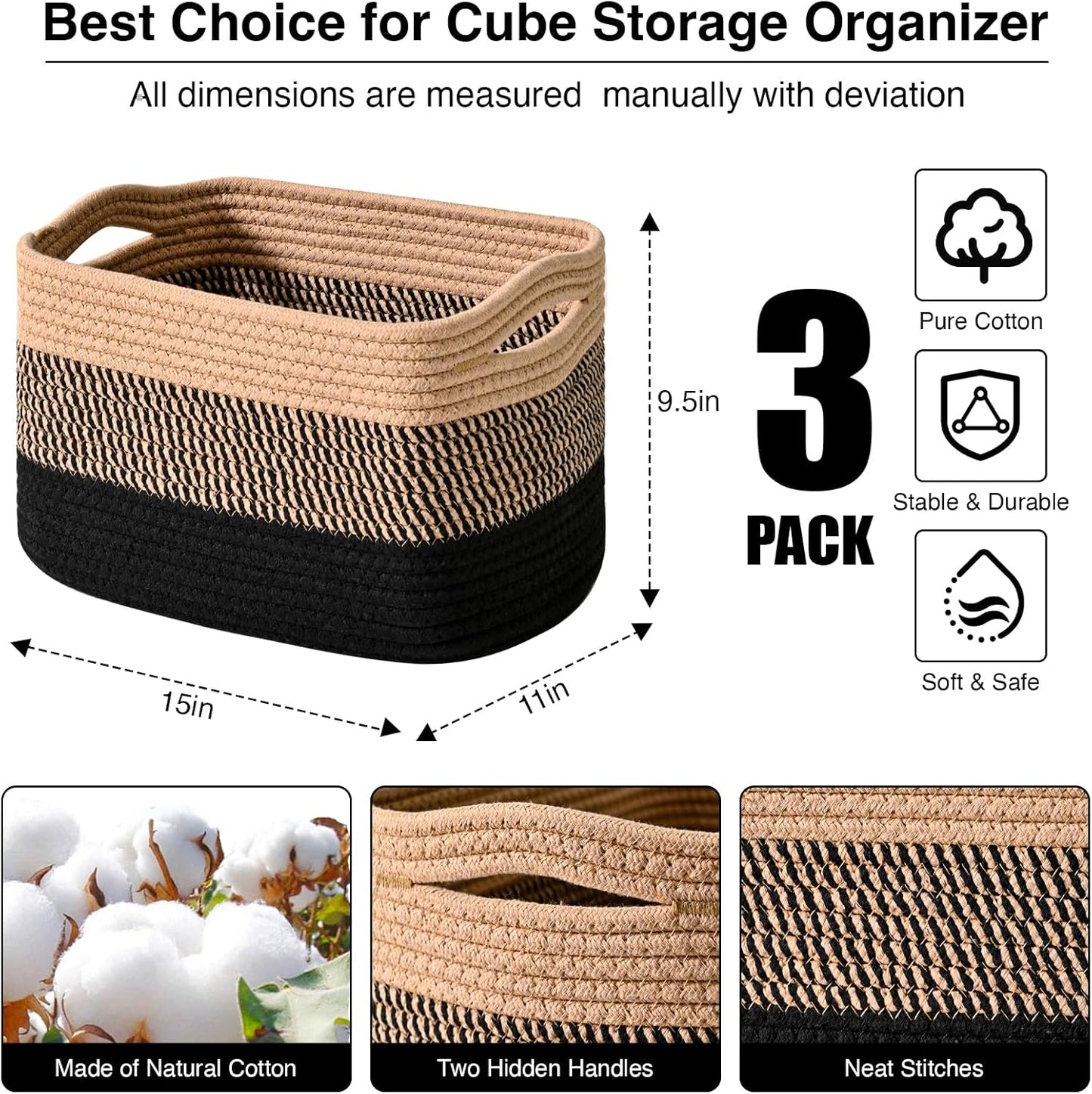 Storage Baskets for Organizing Shelves, Decorative Baskets for Storage, Woven Cotton Rope Basket for Living Room Bedroom Nursery, 15"x11"x9.5", 3 Packs, Gradient Black & Jute