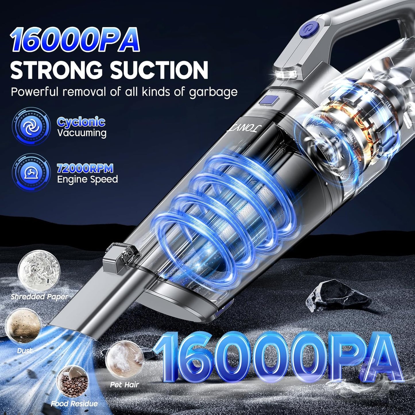 JONYJ Handheld Vacuum Cordless, 16000PA Strong Suction Hand Held Car Vacuum Cleaner, Portable Hand Vacuum Rechargeable with Multi-Nozzles & LED Light for Home, Car, Office, Pets