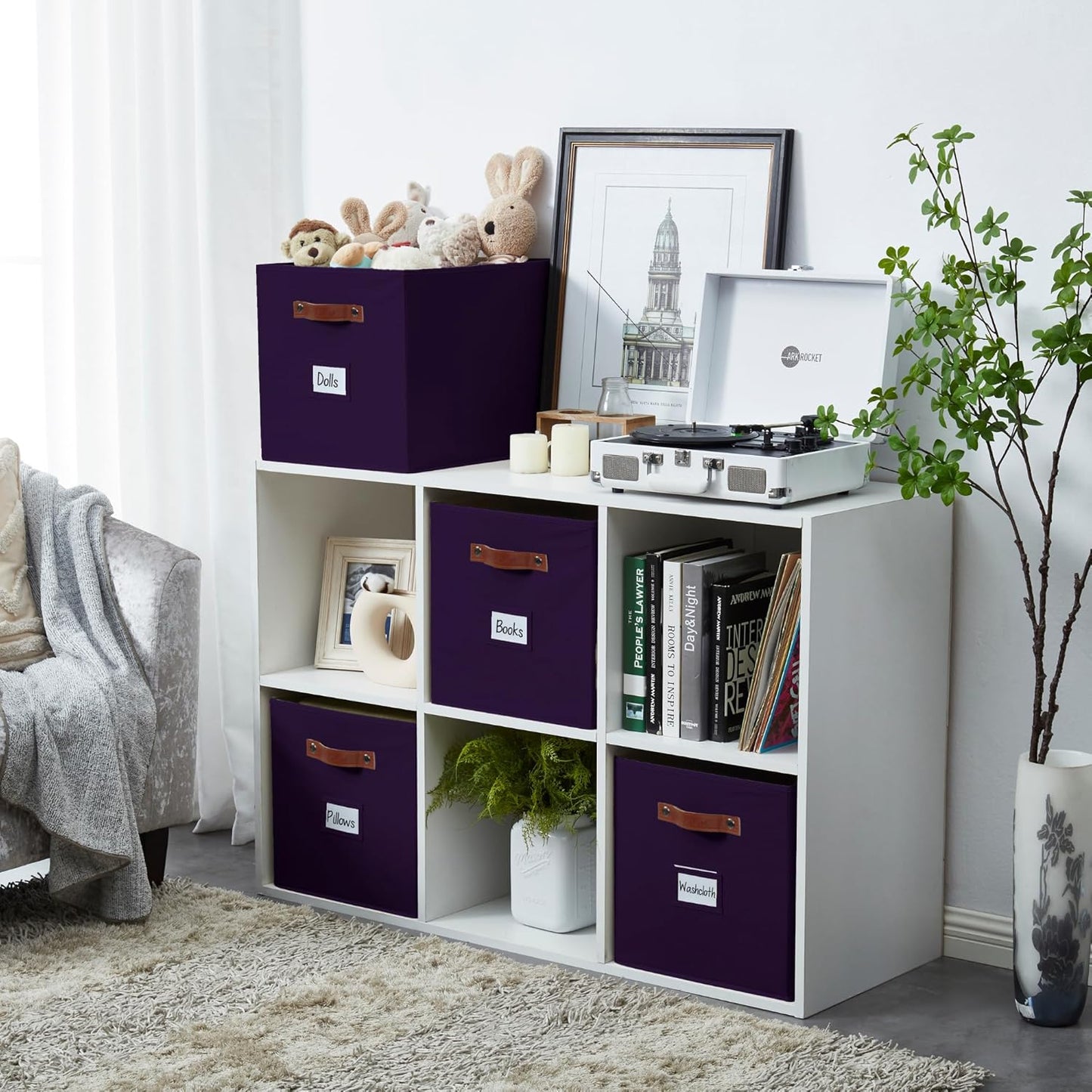 DECOMOMO Storage Baskets, 13x15x13 Storage Cube Bins with Labels for Organizing Shelves Kallax (Kallax / 4pcs, Deep Purple)