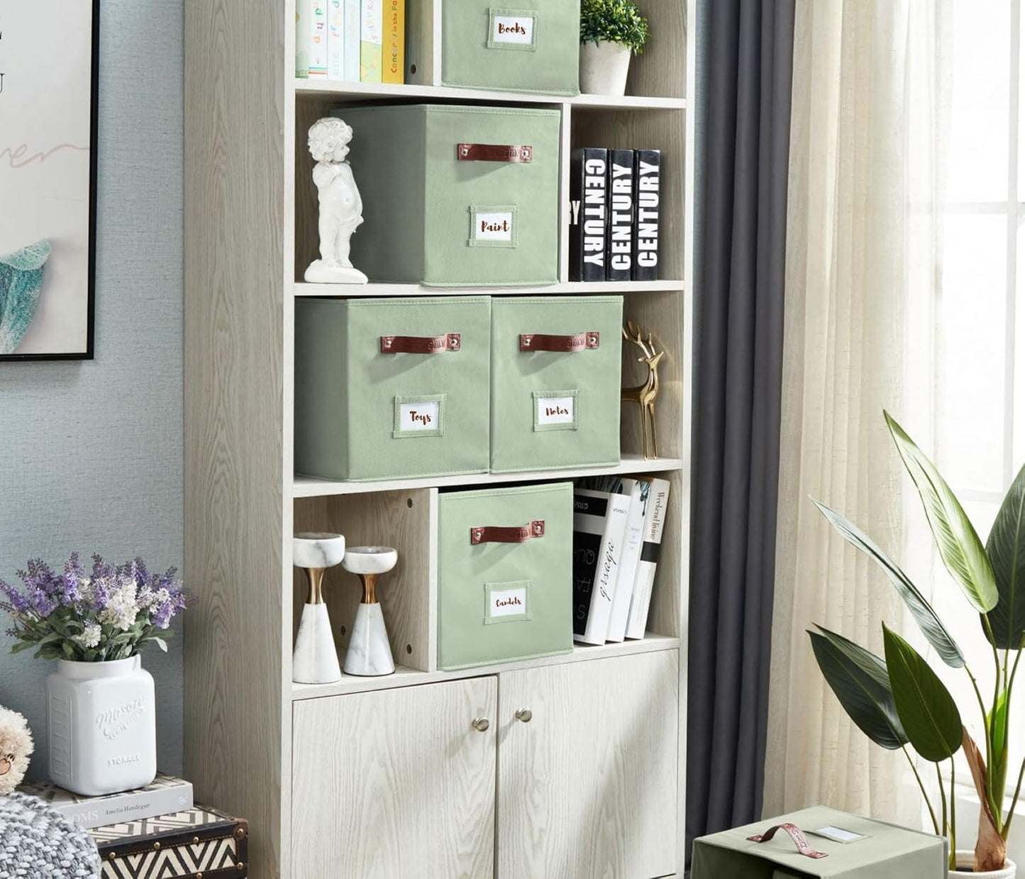 DECOMOMO Storage Bins, Cube Storage Bin with Labels, Fabric Storage Cubes for Shelves (10.5" x 11" / 2pcs, Sage Green)
