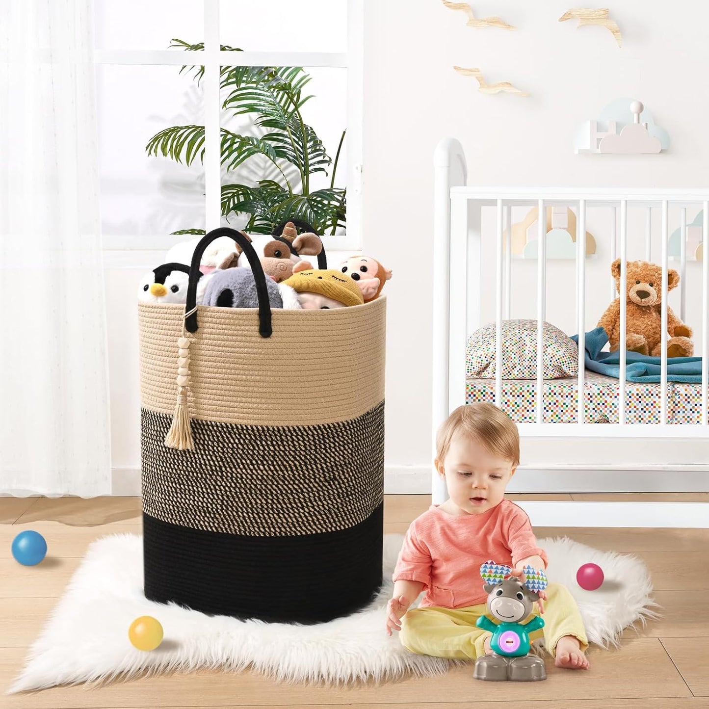 Woven Laundry Basket for Clothes, 65L Large Rectangle Laundry Hampers with Beads Tassel, Nursery Storage Basket for Toys, Tall Dirty Clothes Hamper for Bedroom Aesthetic, Laundry Room Organization