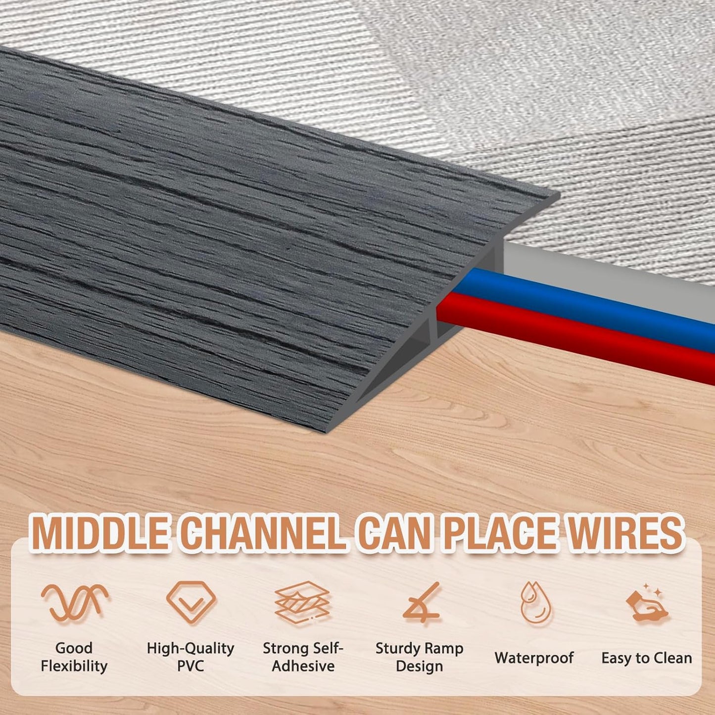 Floor Transition Strip Self Adhesive Vinyl Door Threshold for Doorways Carpet Edging Trim Overlap Edge Reducer for Laminate Floor, Carpet, Tile (Deep Gray Wood Grain, 1/5" to 2/5", 6.6Ft)