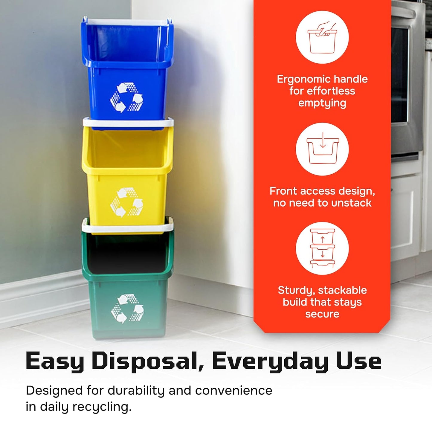 Multi Bin Recycling System with Nine Stackable 6 Gallon Recycle Bins to Build Your Recycling Center for Offices, Kitchen, Garages, Businesses - (9 Pack, Blue/Grey/Green)