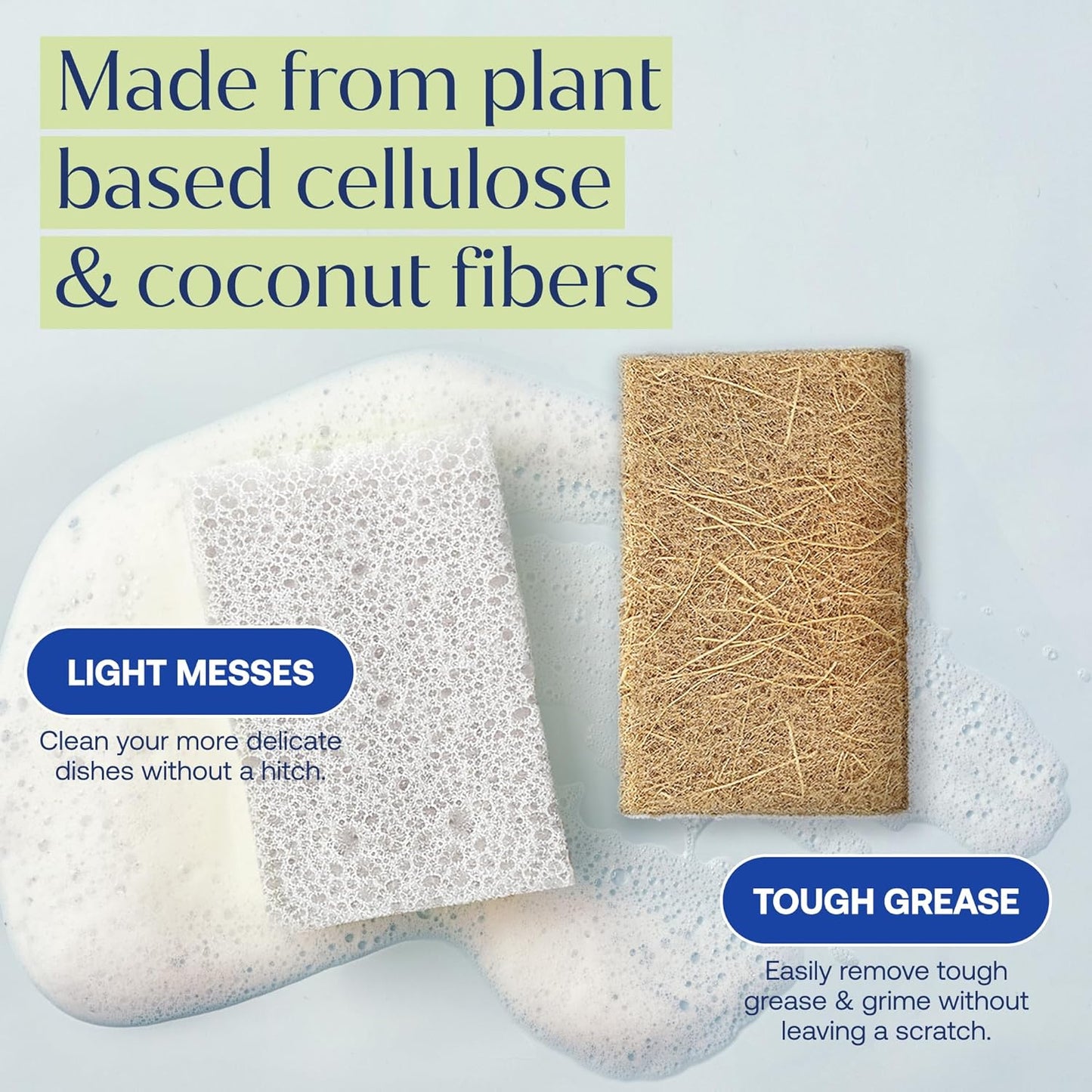 FabTab Coconut and Cellulose Sponges, Plant-Based, Non-Scratch Cleaning Sponges for Dishes, Sinks, Stoves, Countertops, Odorless Kitchen Sponge, Reusable, Dishwasher Safe 6-Count