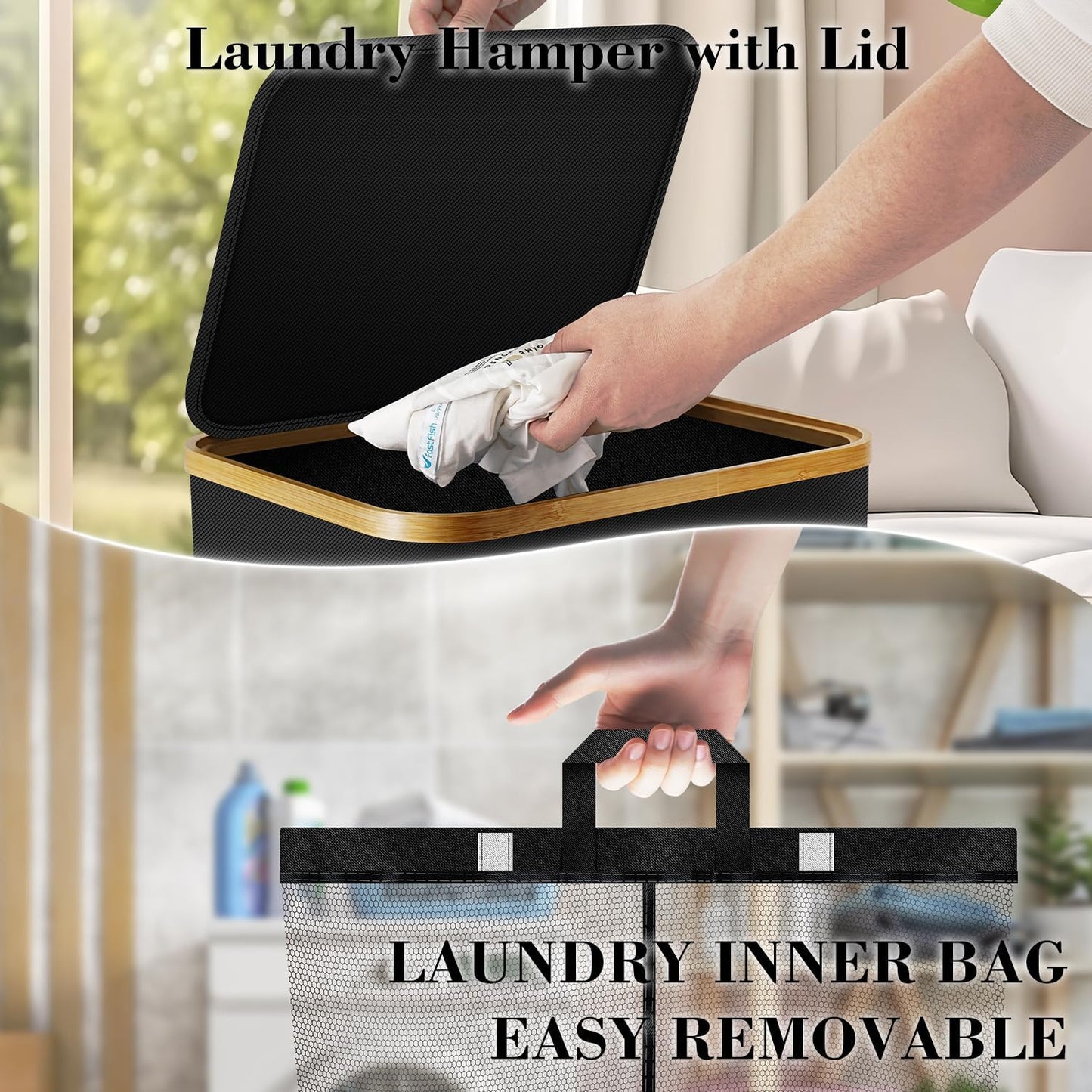 Laundry Hamper with Wheels,20 Gal (75L) Laundry Basket with lid Rolling Clothes Hamper Foldable Dirty Clothes Basket on wheels with Bamboo Frame and Bag for Bedroom, Dorm, Laundry Room-Black