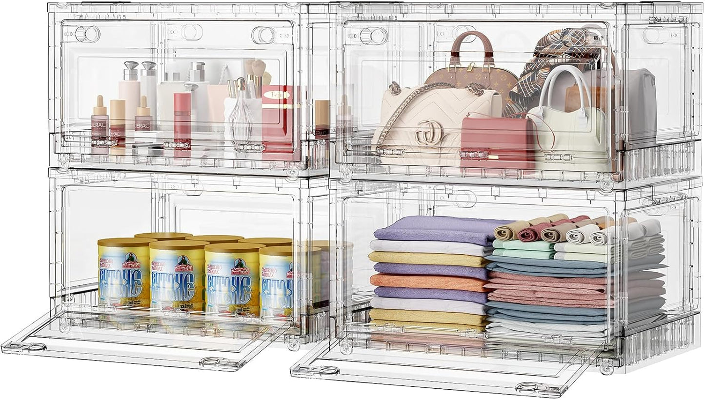 BROVIEW Clear Stackable Storage Bins Drawers, Open Front Large Plastic Storage Bins with Lids, Foldable Closet Organizers and Storage for Wardrobe Cabinets, Pantry, Makeup,4 Pack