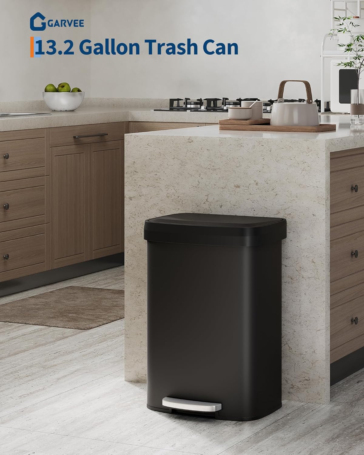 Garvee 13 Gallon / 50 Liter Metal Trash Can with Lid, Large Garbage Can for Kitchen, Rustproof Step-on Kitchen Metal Trash Bin with Liner Rim, Rear Handle, Soft Close Plastic Lid, Black
