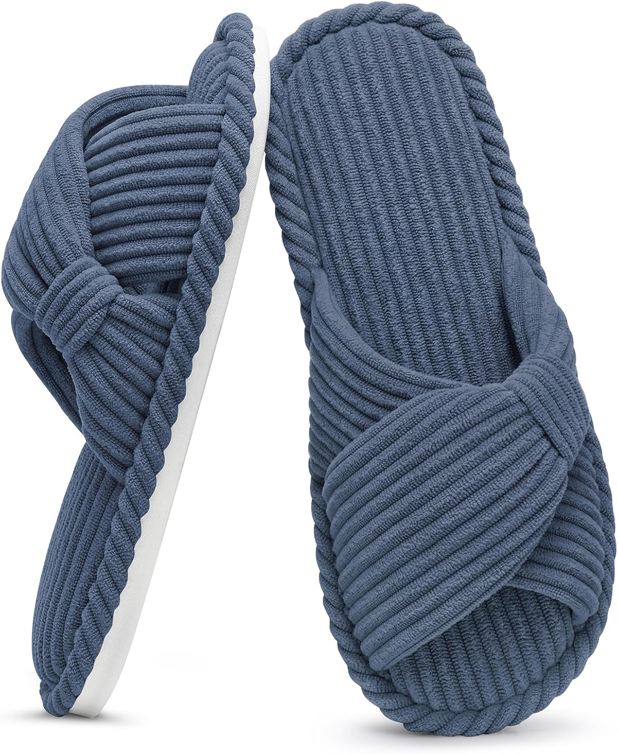 Evshine Summer House Slippers for Women Corduroy Cross Bow Indoor Slippers Open Toe Slip On Bedroom Shoes with Memory Foam