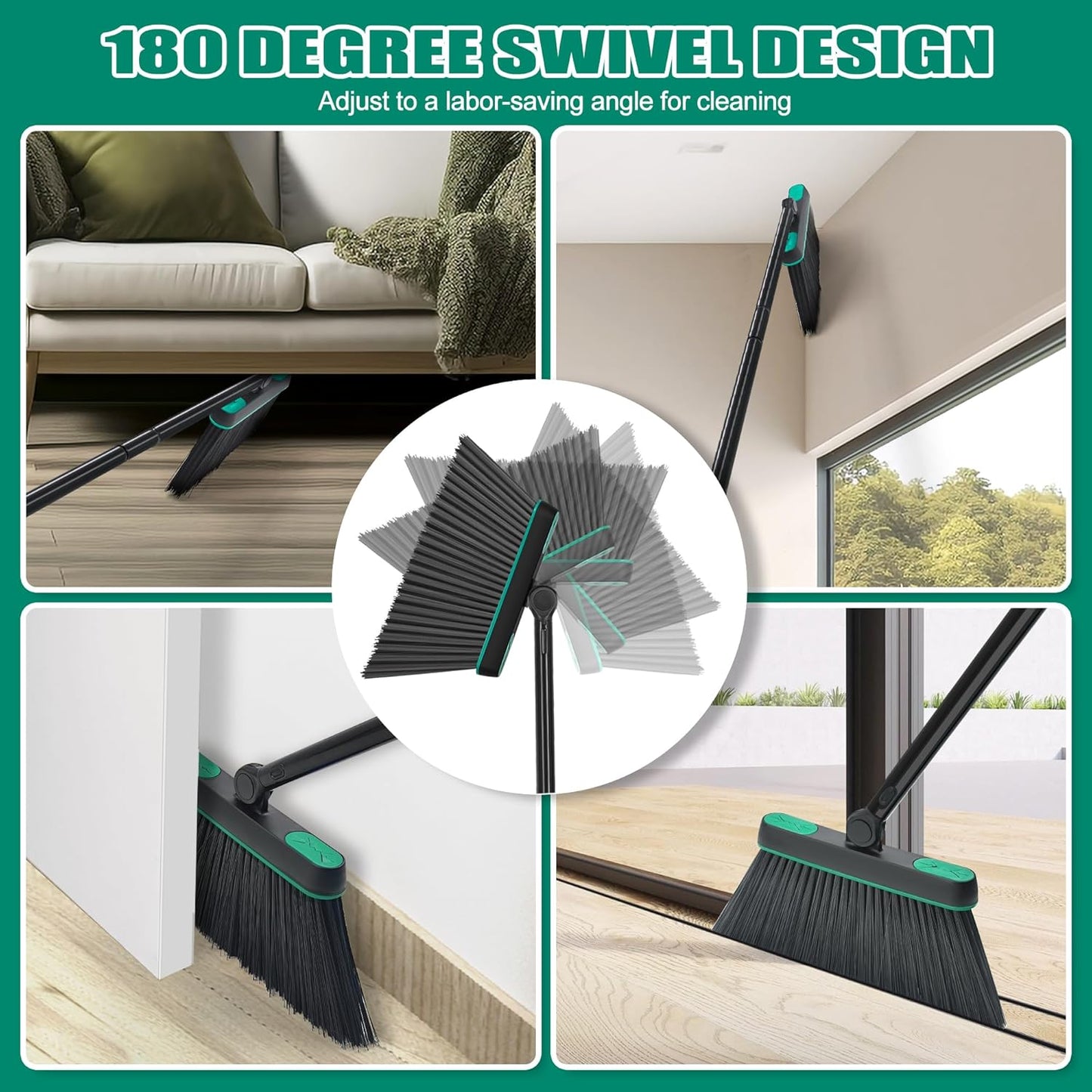JEHONN Broom and Dust Pan, Upgraded Large Foldable Dustpan with Comb Teeth, 53.5 inches Long Handle Swivel Brush Indoor for Home Kitchen Lobby Floor Cleaning (Green)