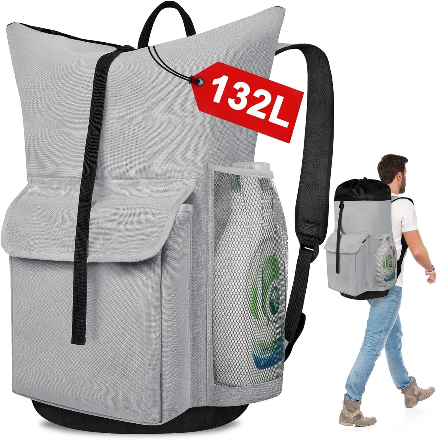 Laundry Backpack Bag, 132L Extra Large Heavy Duty Laundry Backpack for College Dorm Essentials, Laundry Hamper Travel Bag with Shoulder Straps and Mesh Wash Bags for Laundromat, Apartment Grey