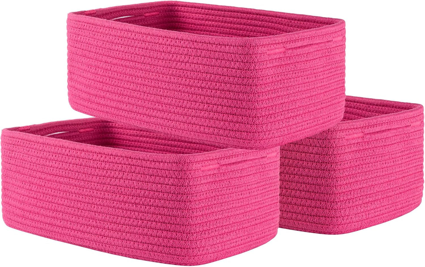 Small Woven Basket, 13.5 x 9.5 x 5 Inches, Storage Basket for Organizing, Cute Small Rope Shelf Closet Cube Storage Bins Baskets for Shelves, Dog Toy Gift Baskets Empty, 3 Packs, Hot Pink