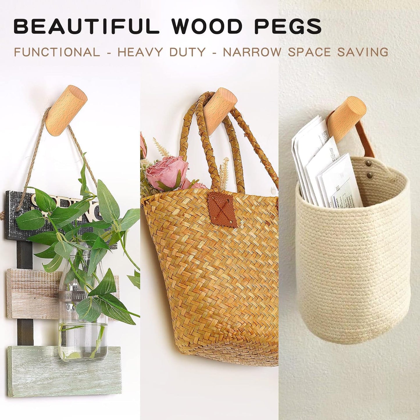 Wood Hooks, 3 Pack Wall Hooks Heavy Duty Rustic Coat Hooks Wall Mounted, Decorative Hooks for Hanging Coats Hats Towels Robes Hat Rack for Wall (Beech Wood)