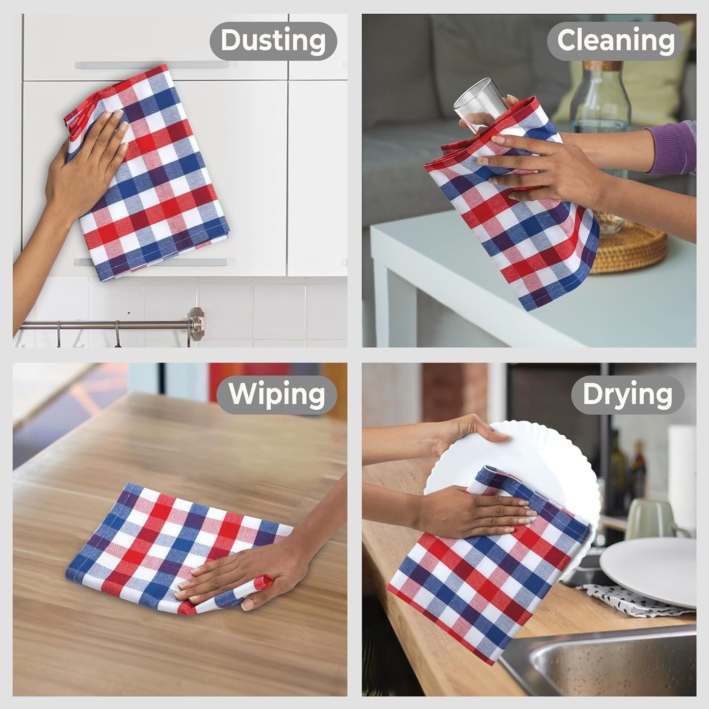 July 4th KitchenTowels Patriotic DishTowels 100% Cotton (Set of 6) 18X28 Inches Highly Absorbent Soft Durable Reusable & Washable Kitchen Towels (Red/Blue/White Buffalo Checks)