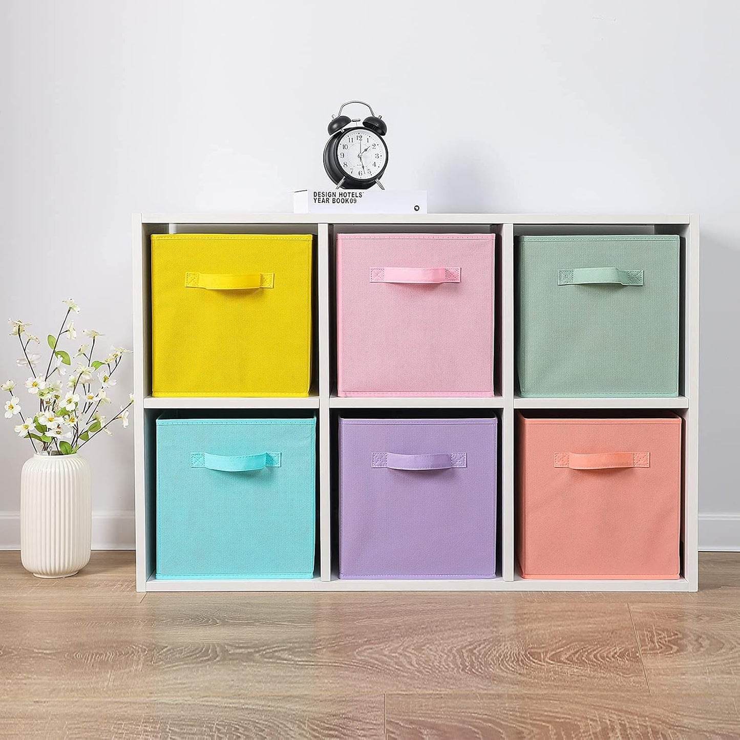 Stero Fabric Storage Bins 6 Pack Fun Colored Durable Storage Cubes with Handles Foldable Cube Baskets for Home, Kids Room, Closet and Toys Organization Cyan, Green, Yellow, Purple, Pink and Peachpuff