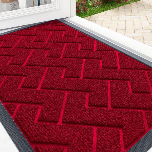 OLANLY Front Door Mat Indoor Outdoor Entrance, Waterproof All-Season, All-Weather Doormat, Sturdy Natural Rubber, Easy Clean Patio Porch Entryway Mat, Herringbone Brick (Wine Red, 29.5x17)