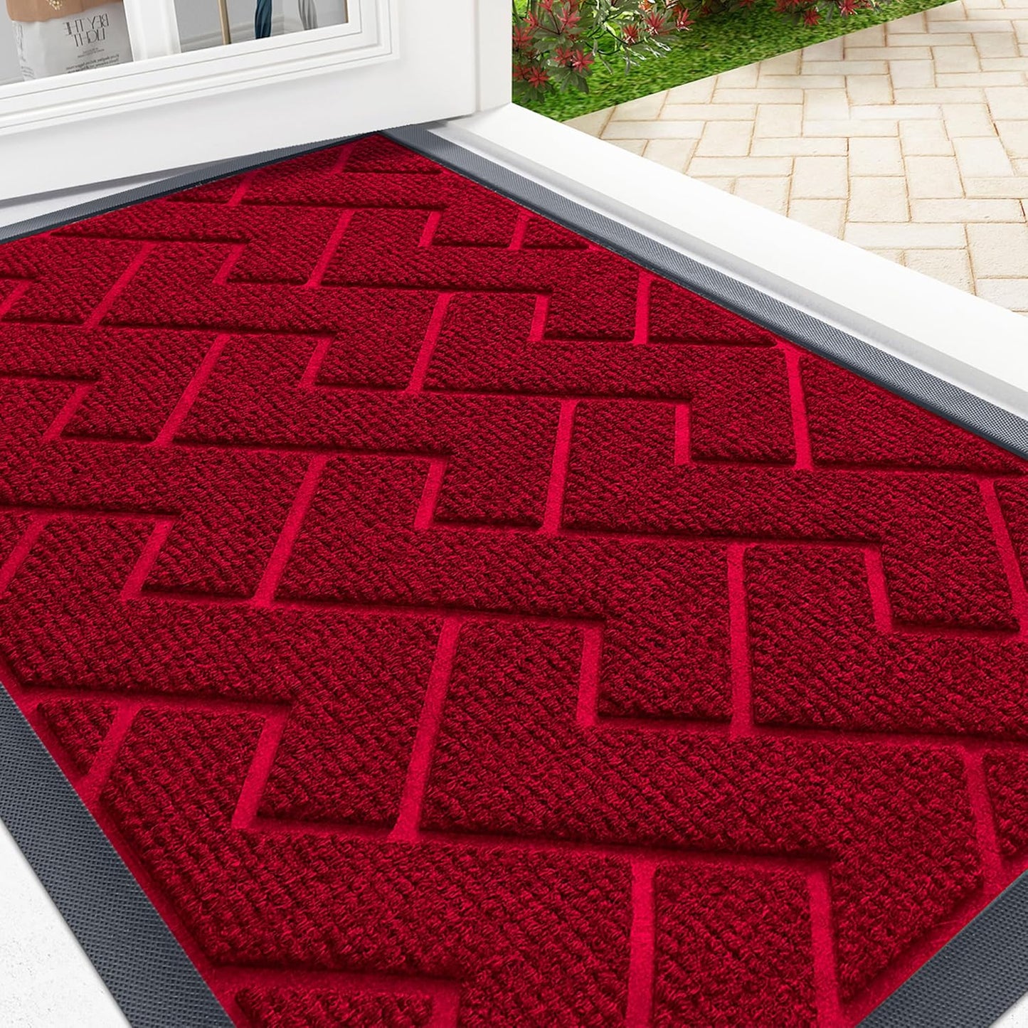 OLANLY Front Door Mat Indoor Outdoor Entrance, Waterproof All-Season, All-Weather Doormat, Sturdy Natural Rubber, Low Profile, Easy Clean Patio Porch Entryway Mat, Herringbone Brick (Wine Red, 59x35)