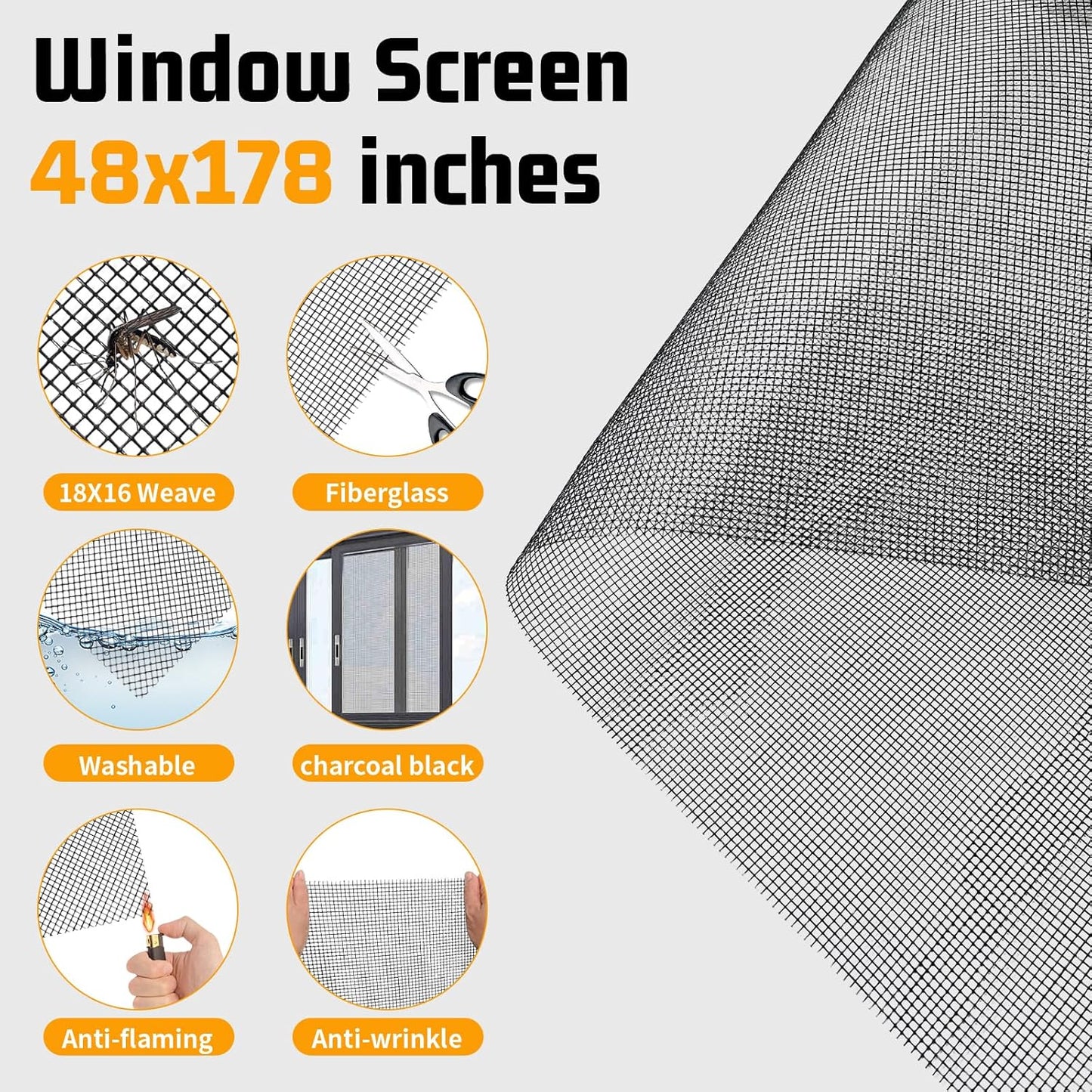 Window Screen Replacement,Screen Door Repair Kit, 48"x178" Black Window Screen Mesh,Including 50 FT Splines+Hooks+2 Rollers+8 Clips+Scissors+Knife+Tape Measure,Fully Equipped Window Screen Repair Kit